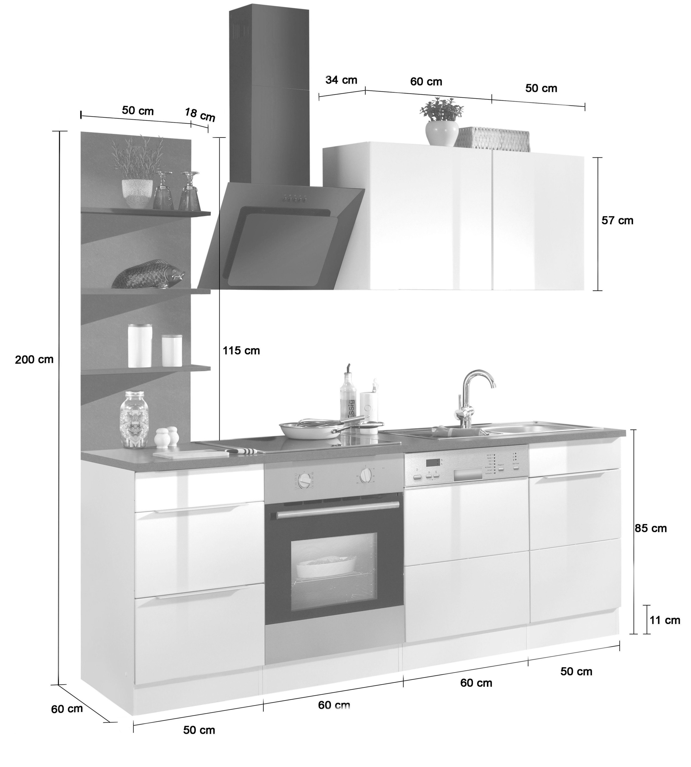 KOCHSTATION Küchenzeile »KS-Brindisi«, Breite 220 cm, wahlweise mit E-Geräten, mit MDF-Fronten und Regal