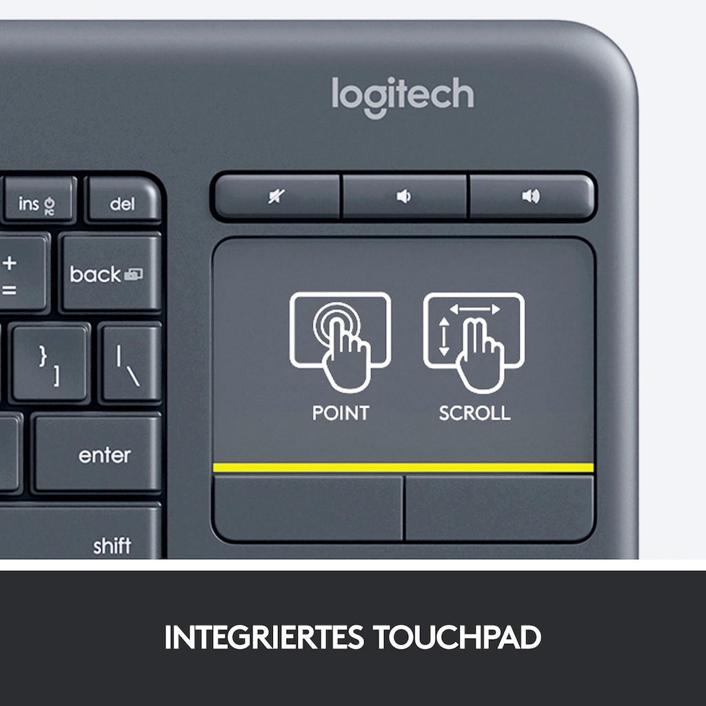 Logitech Tastatur »Wireless Touch Keyboard K400 Plus«, (Antirutsch-Füße-Lautstärkeregler-Touchpad)