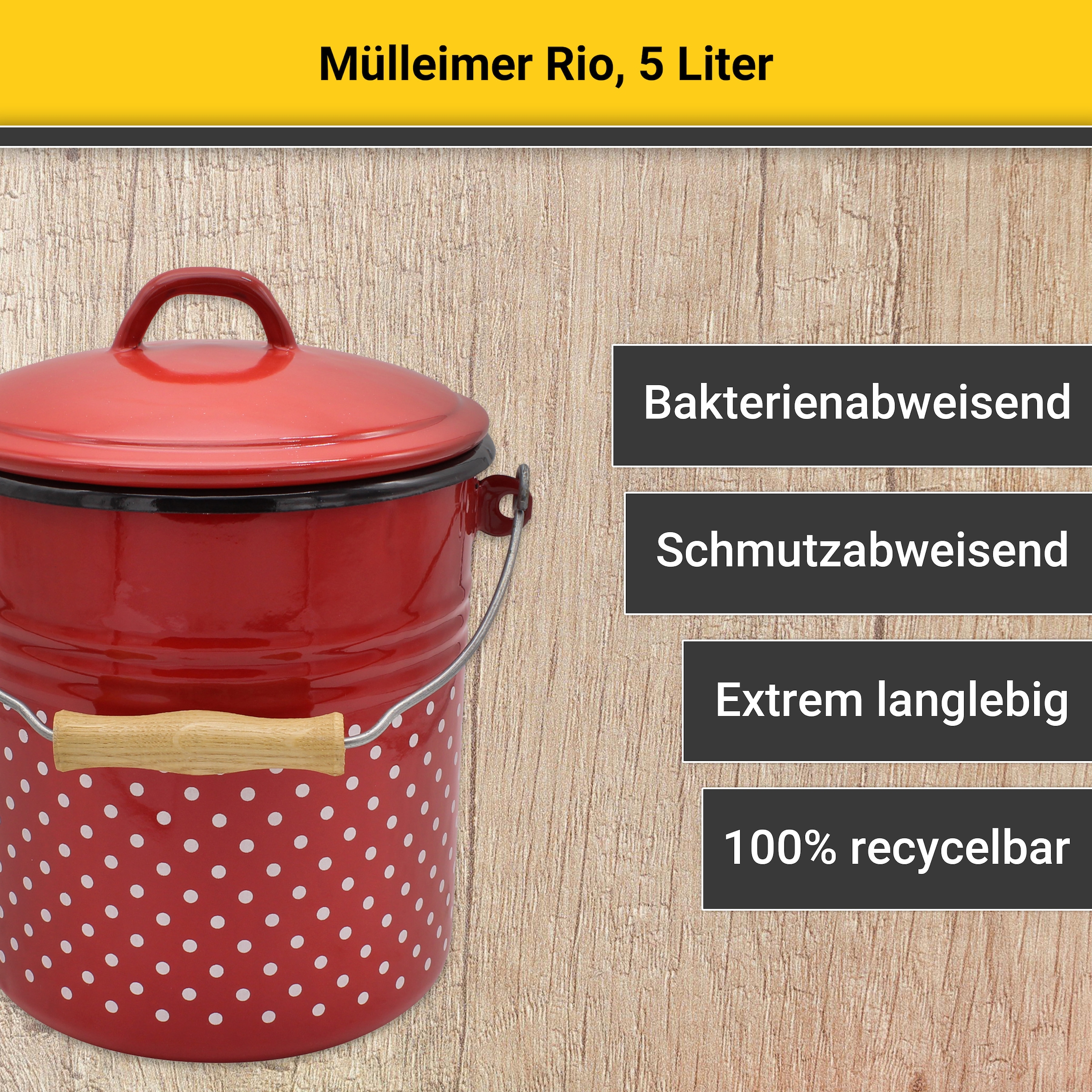 Krüger Mülleimer »Emaille Mülleimer mit Deckel Serie Rio«, schnitt- / kratzfeste Oberfläche, bakterienabweisend, extrem langlebig