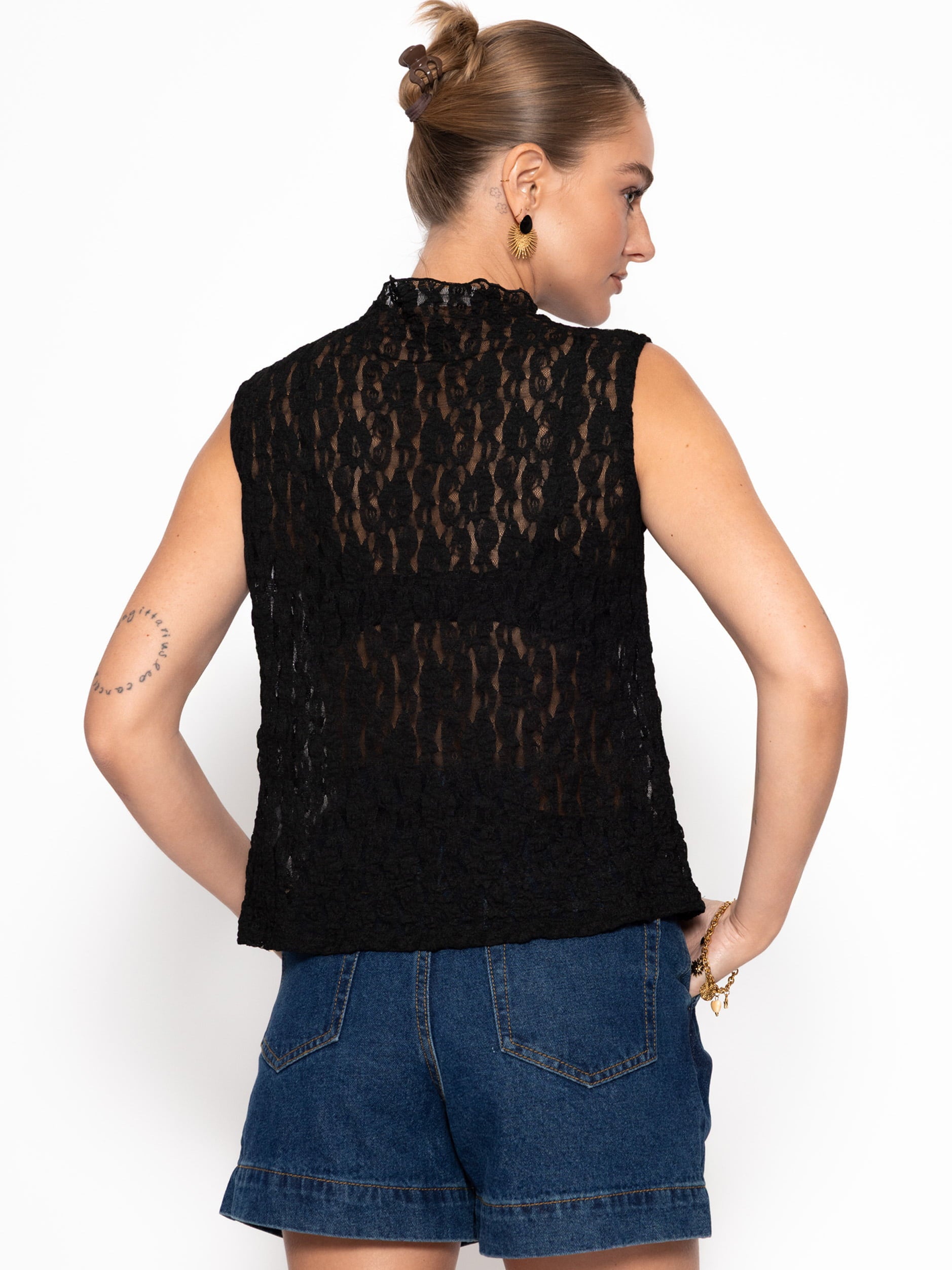 SASSYCLASSY T-Shirt »Spitzen-Top mit Stehkragen« Leicht transparentes Top mit floralem Muster Schwarz Offwhite