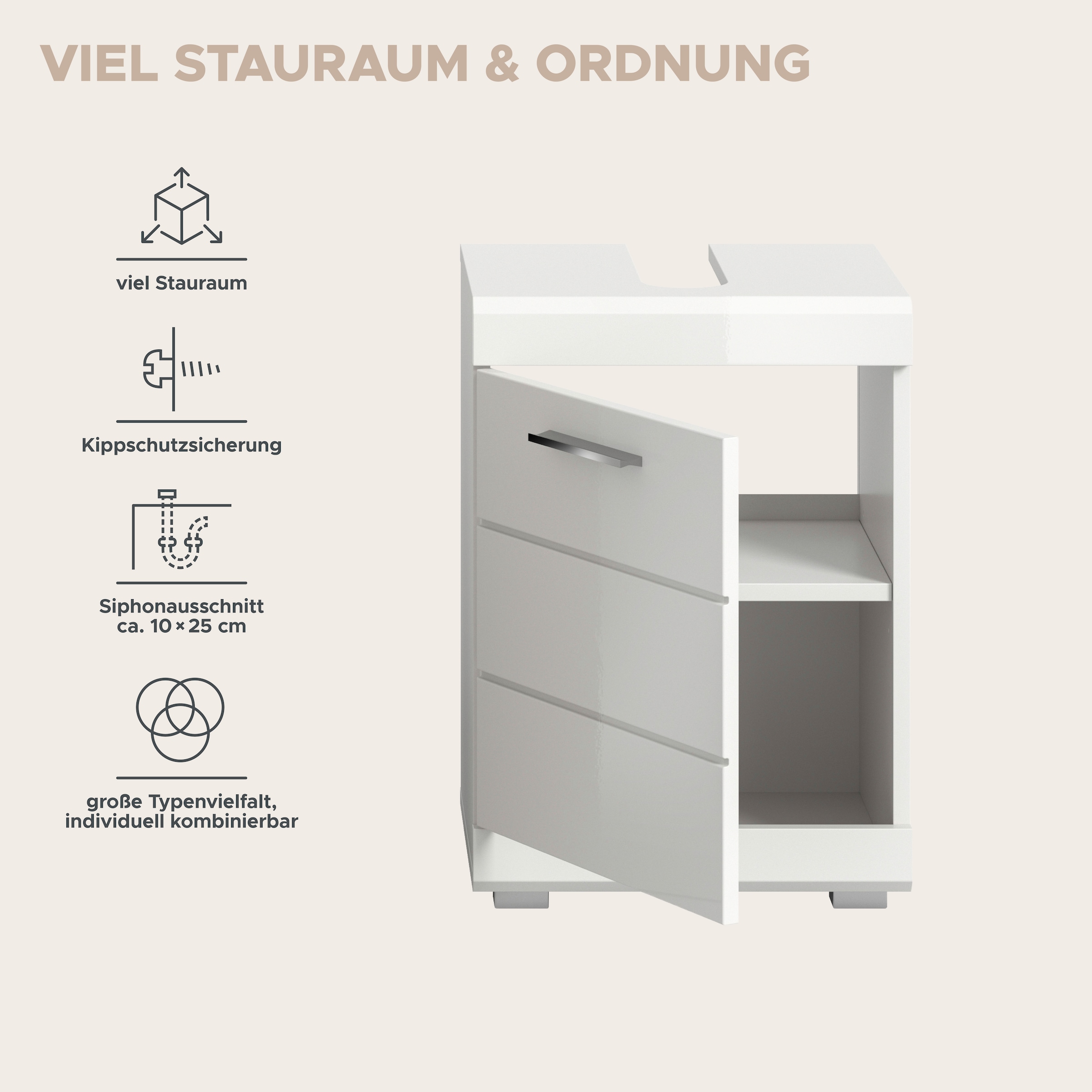 welltime Waschbeckenunterschrank »SIENA, Breite 40cm, 1 Tür, 1 Einlegeboden, 2 Fächer, MDF-Front« WBU, Badmöbel, Badschrank, Kommode, Unterschrank, Bad, Badezimmer