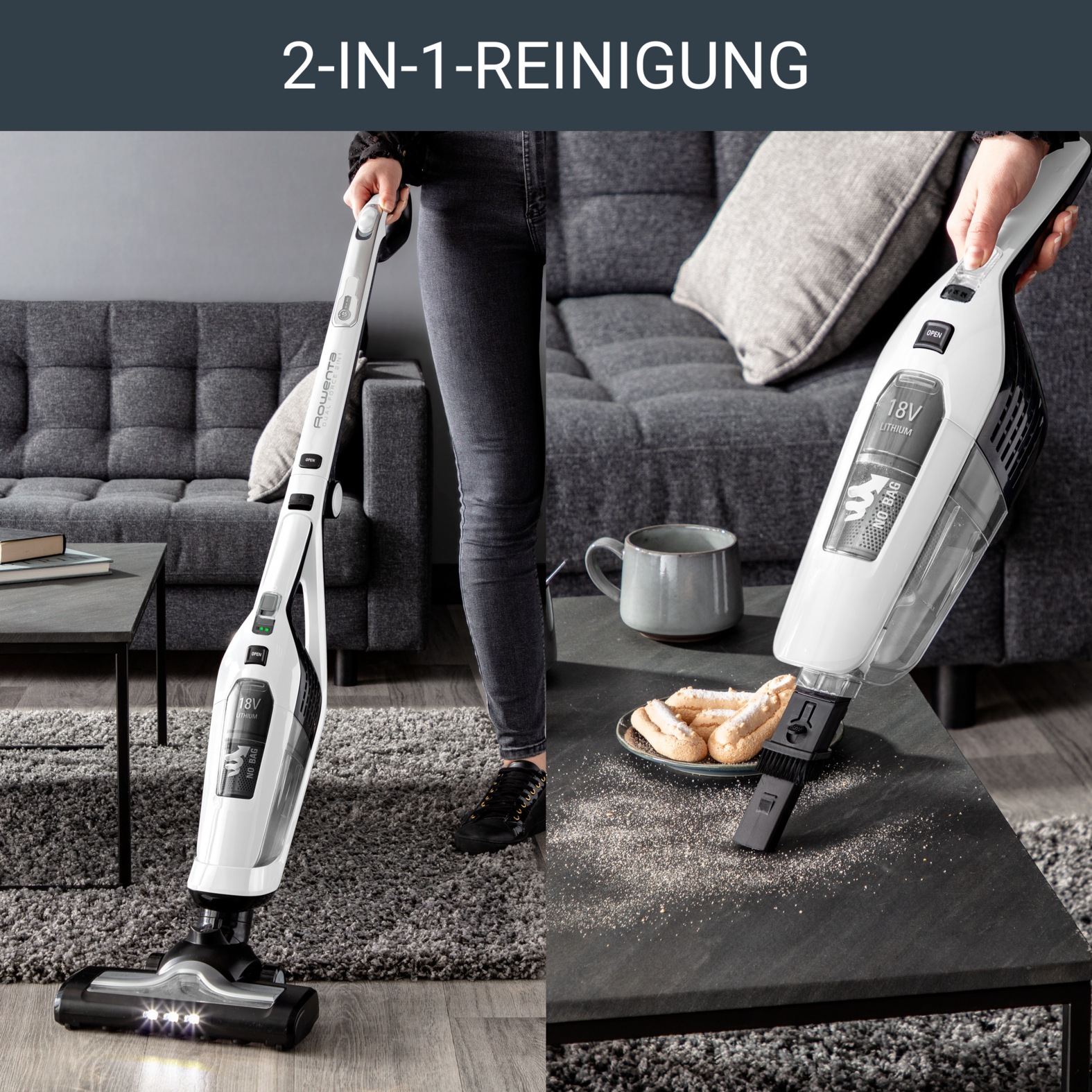 Rowenta Akku-Stielstaubsauger »Dual Force 2-in-1, mühelose Aufbewahrung, klappbarer Griff, LED-Düse«, besonder leicht, langlebige Batterie, 2 Geschwindigkeiten, RH6737