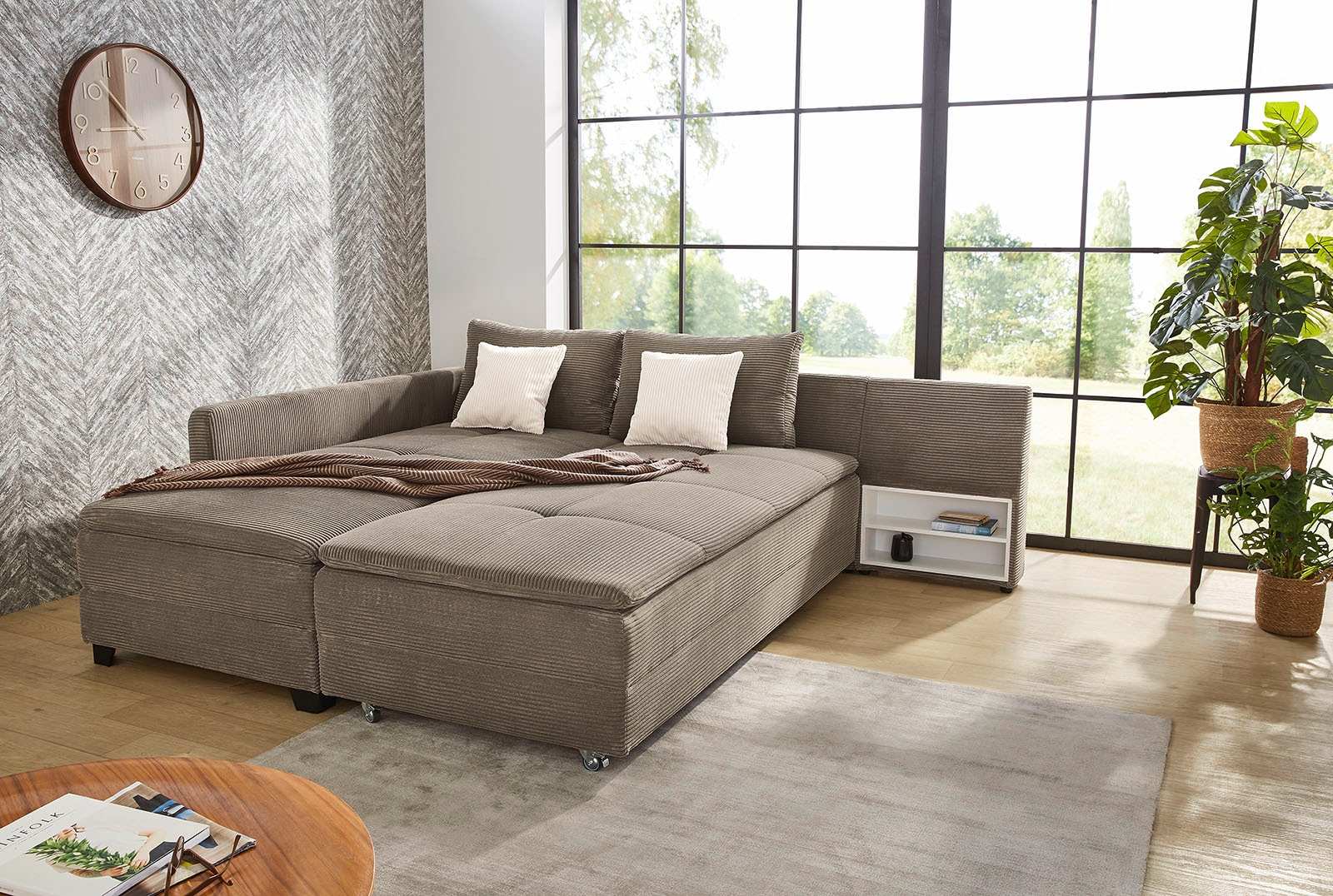 Jockenhöfer Gruppe Ecksofa »Madrid L-Form, drehbares Dauerschlafsofa, Federkern« integrierter Kaltschaum-Topper, Regalelement, links/rechts montierbar