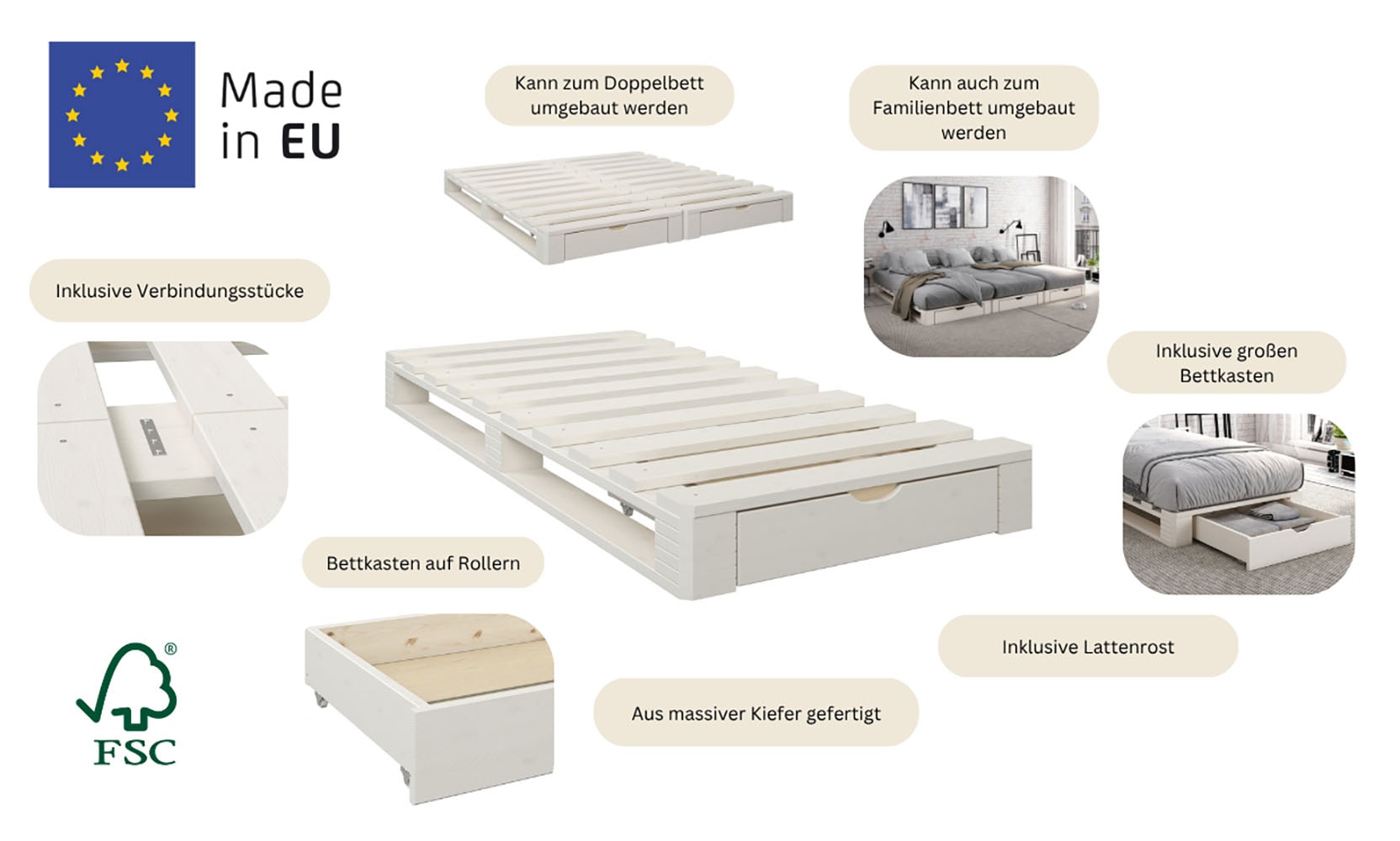 Home affaire Palettenbett »"ALASCO "  BESTSELLER! Mit Schublade« zertifiziertes Massivholz, erweiterbar zum Doppel- oder Familienbett