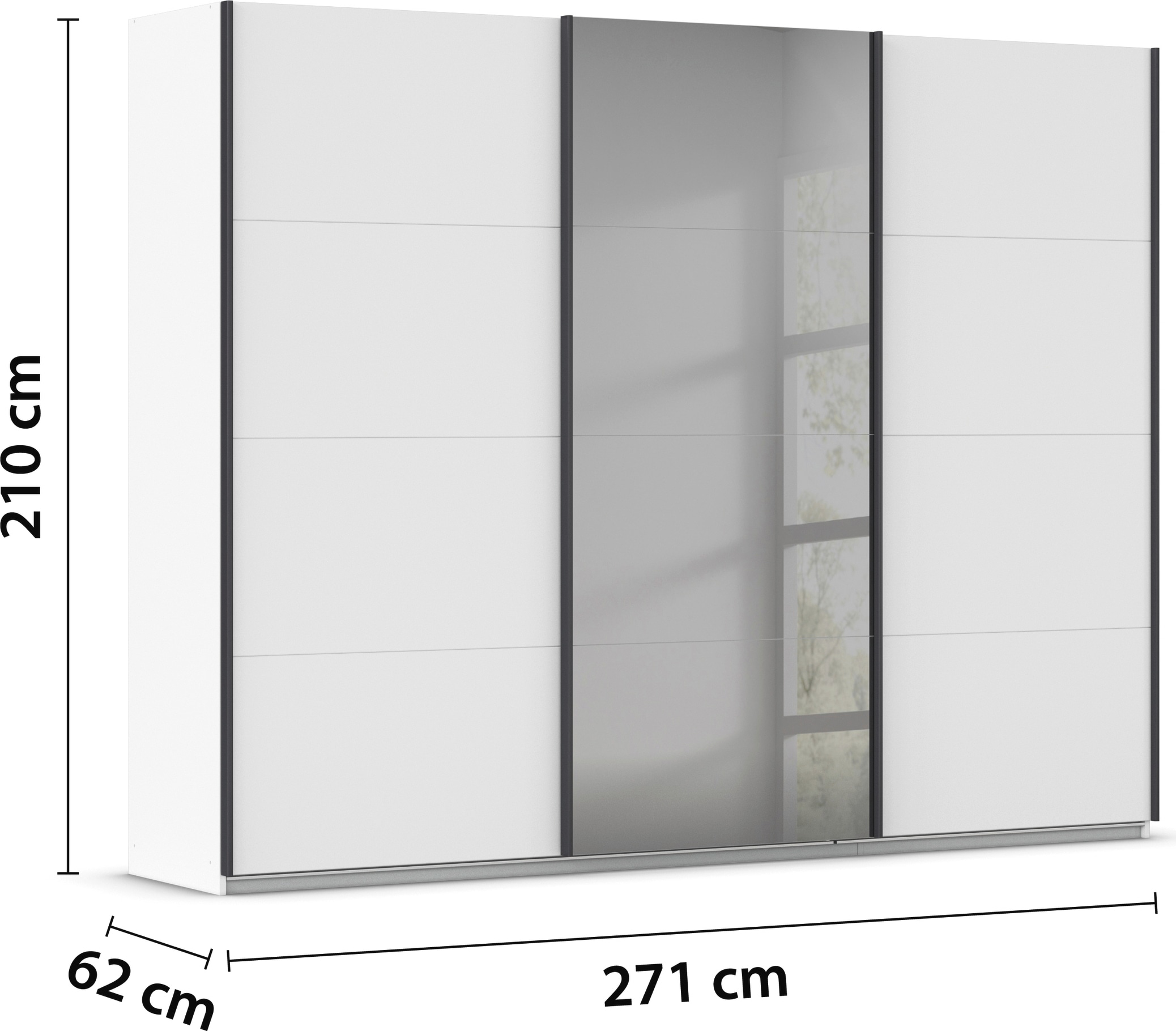 INOSIGN BY RAUCH Schwebetürenschrank »Schlafzimmerschrank BESTSELLER Kleiderschrank Schrank Garderobe FERRIS« In 3 Ausführungen BASIC/CLASSIC/PREMIUM, in Breite 271 cm,  Mitteltür mit hochwertigem Grauspiegel MADE IN GERMANY