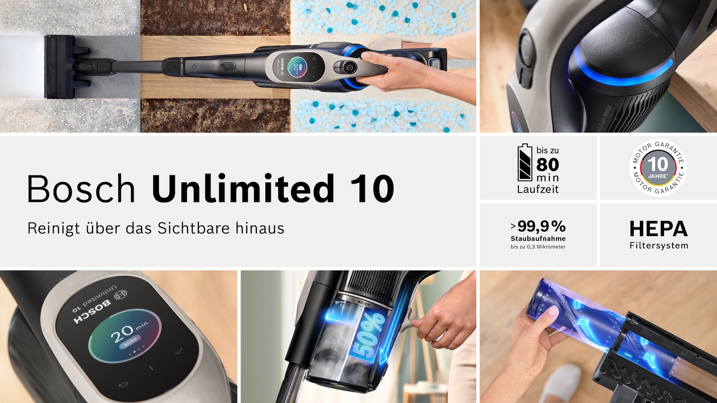 BOSCH Akku-Stielstaubsauger »Unlimited 10 BKS1051GQC, MicroClean™ Technology, Display, Knickrohr« HEPA-Filtersystem, 10 Jahre Motorgarantie, Schnellladegerät, grau
