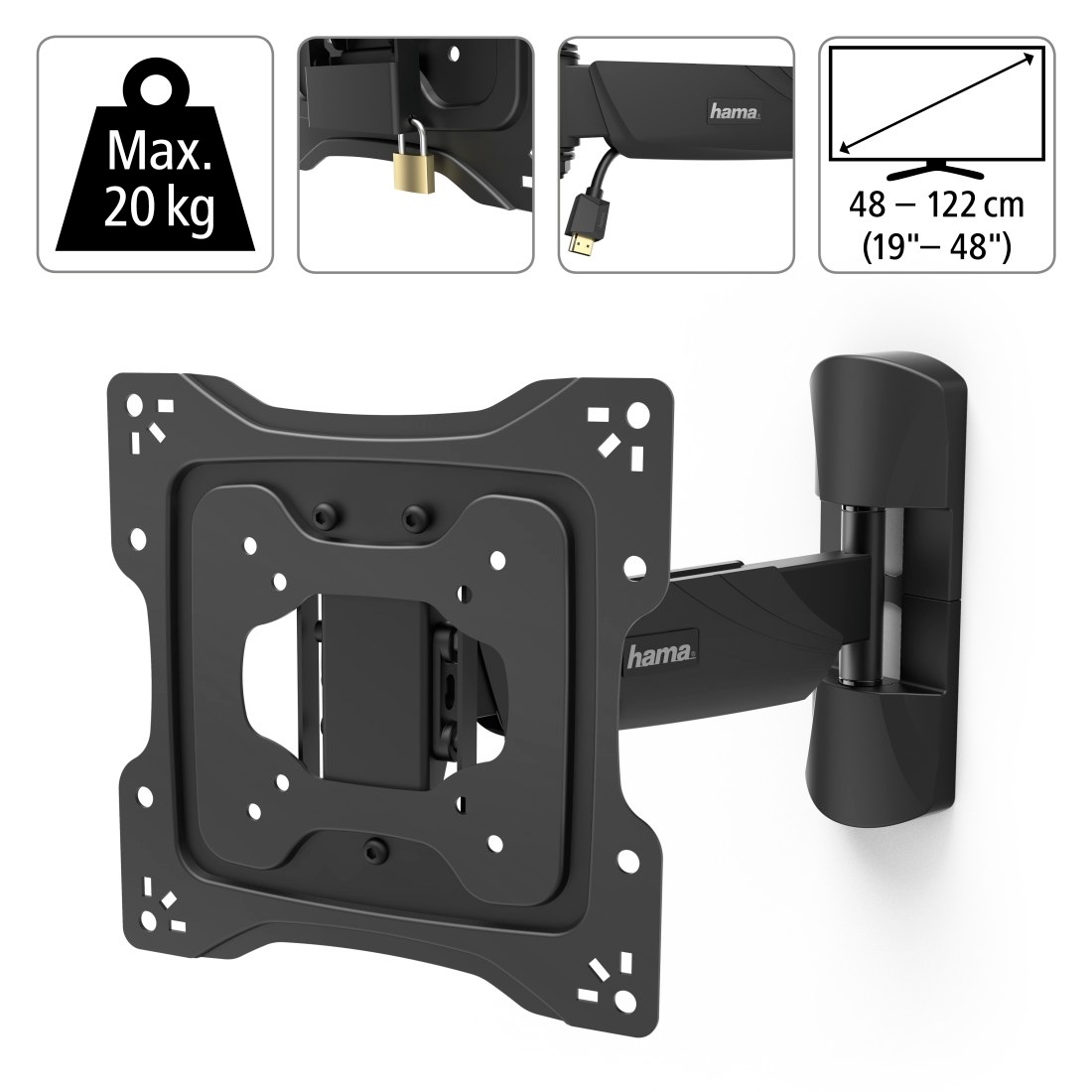 Hama TV-Wandhalterung »Wandhalterung (schwenkbar, neigbar,19"-48", VESA 200x200)« bis 122 cm Zoll mit Diebstahlschutz