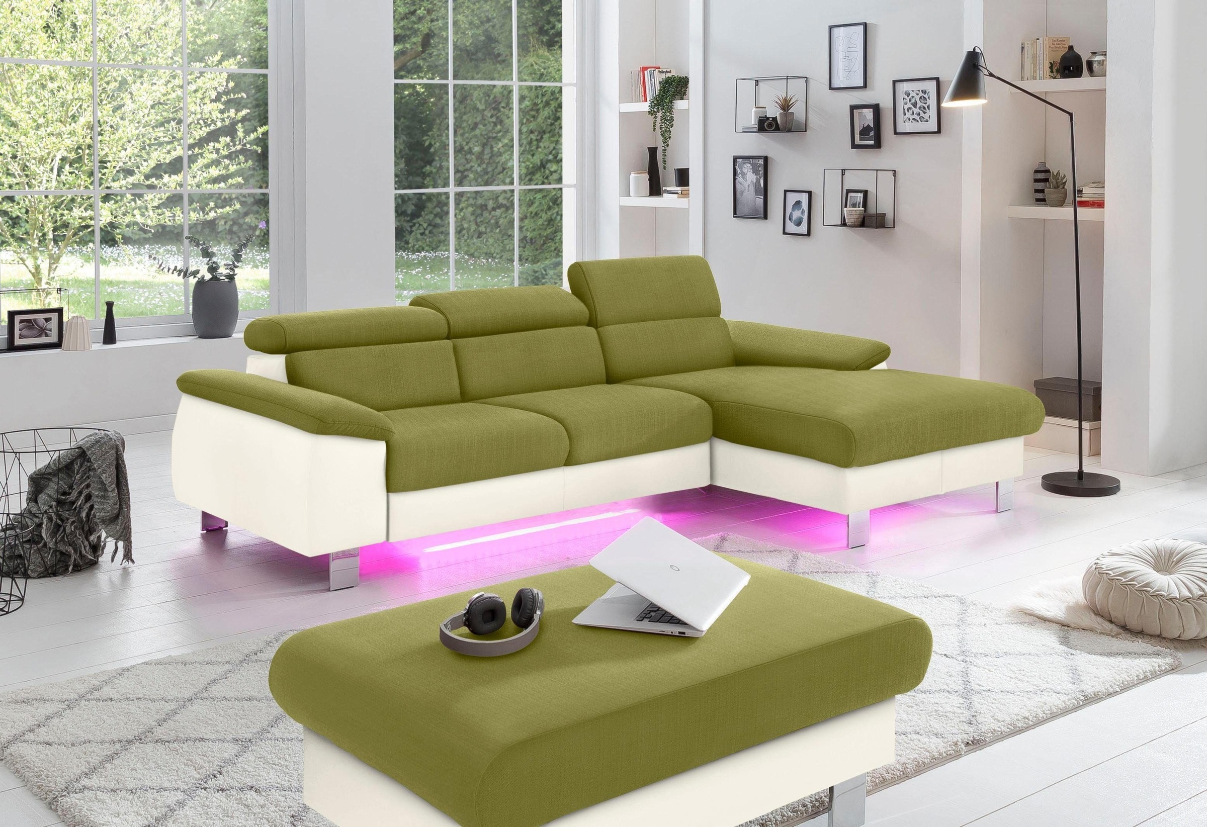COTTA Polstergarnitur »Komaris L-Form, B: 242 bzw. 100 cm (Set: Ecksofa & Hocker)«, (Set), mit Kopfteilverstellung, optional Bettfunktion, Bettkasten & Licht