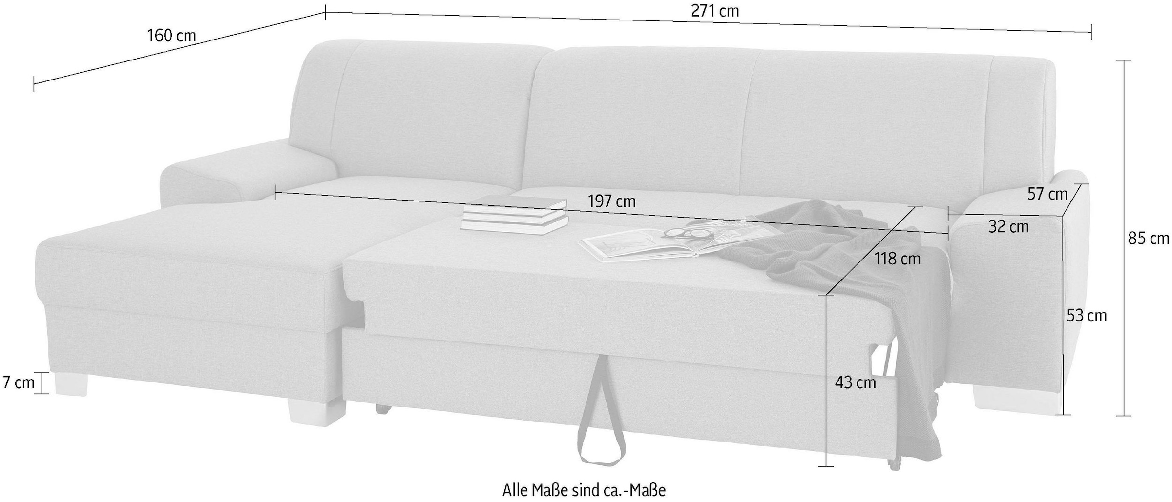 DOMO collection Ecksofa »Anzio L-Form, whlw. Bettfunktion, Federkern, hochwertig, Breite 271 cm«, Mit Bettfunktion, Recamiere links, Struktur fein, steel-grau
