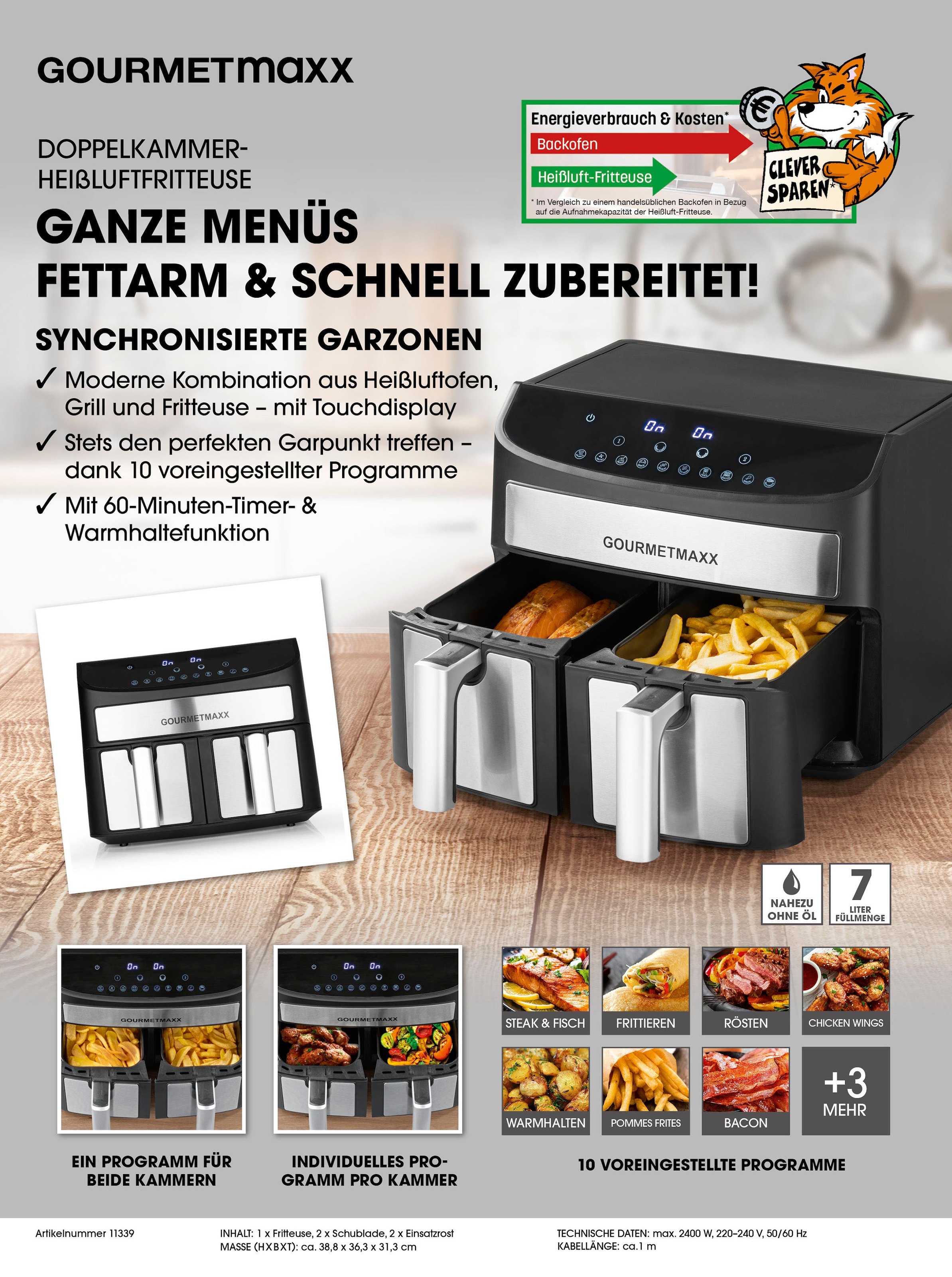 GOURMETmaxx Fritteuse »11339«, 2400 W, Zweikammer, 7l, Edelstahl/anthrazit