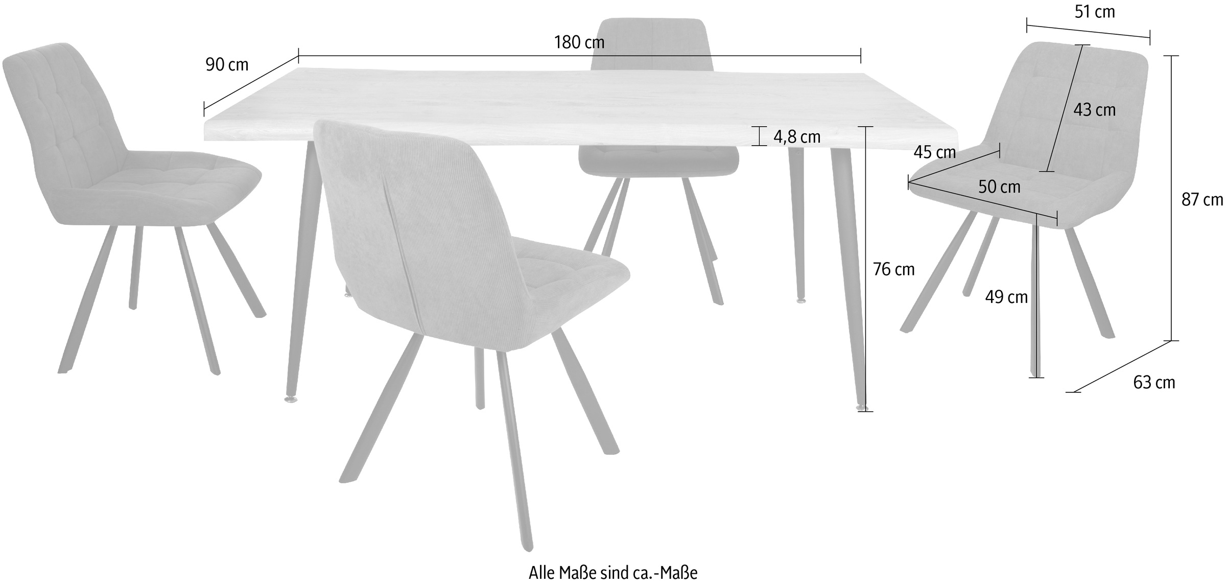 Duo Collection Essgruppe »Esszimmergruppe Tailin & Elli«, (Set, 5 tlg., 5-tlg.), Baumkantentisch, massives Metallgestell, bis 100 kg belastbar