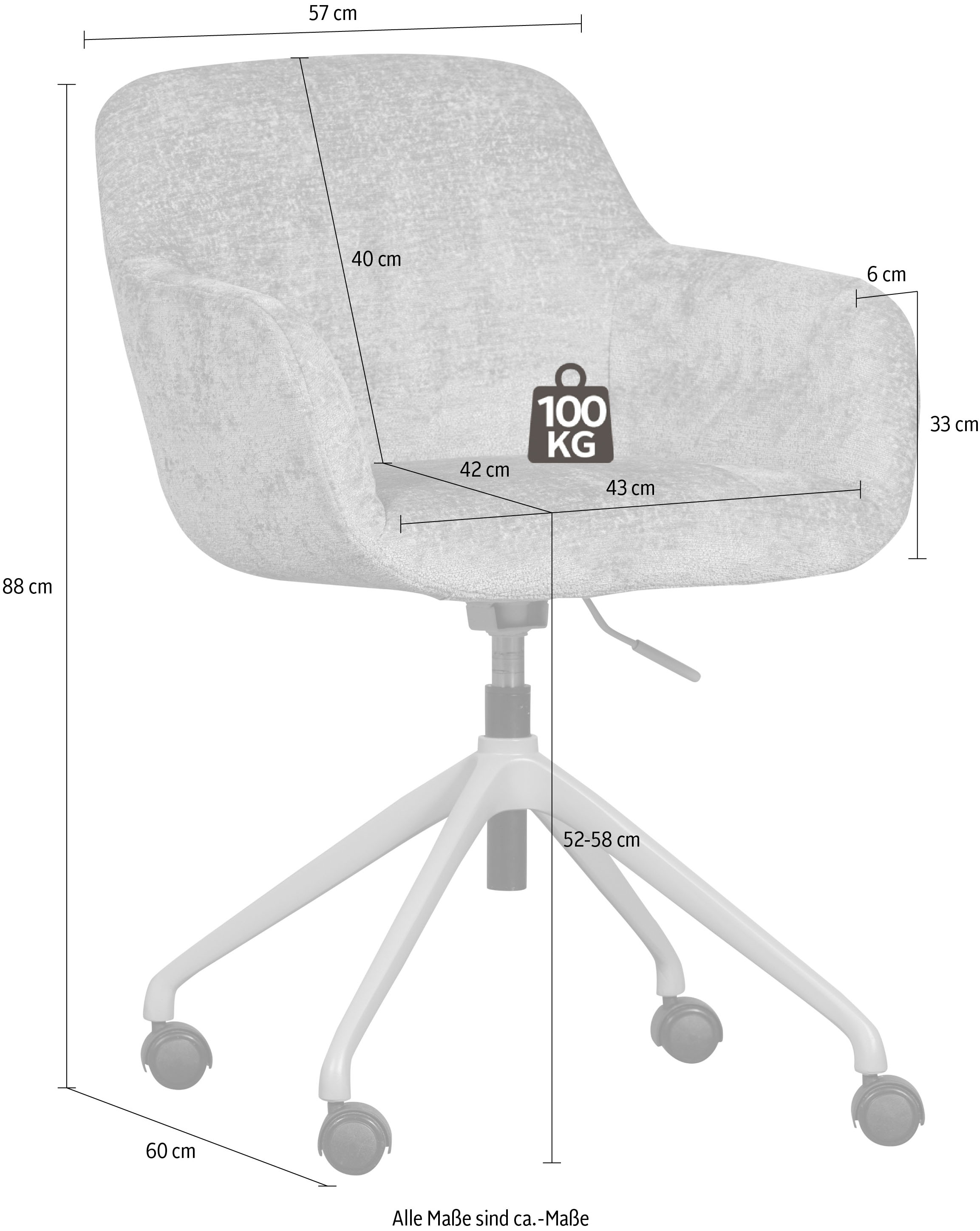 WOOOD Drehstuhl »Morros mit Chenille-Bezug höhenverstellbar, B 57 x T 60 x H 88 cm« () mit Rollen, Sitzhöhe einstellbar, Tragkraft 100 kg, Pfleiglicht