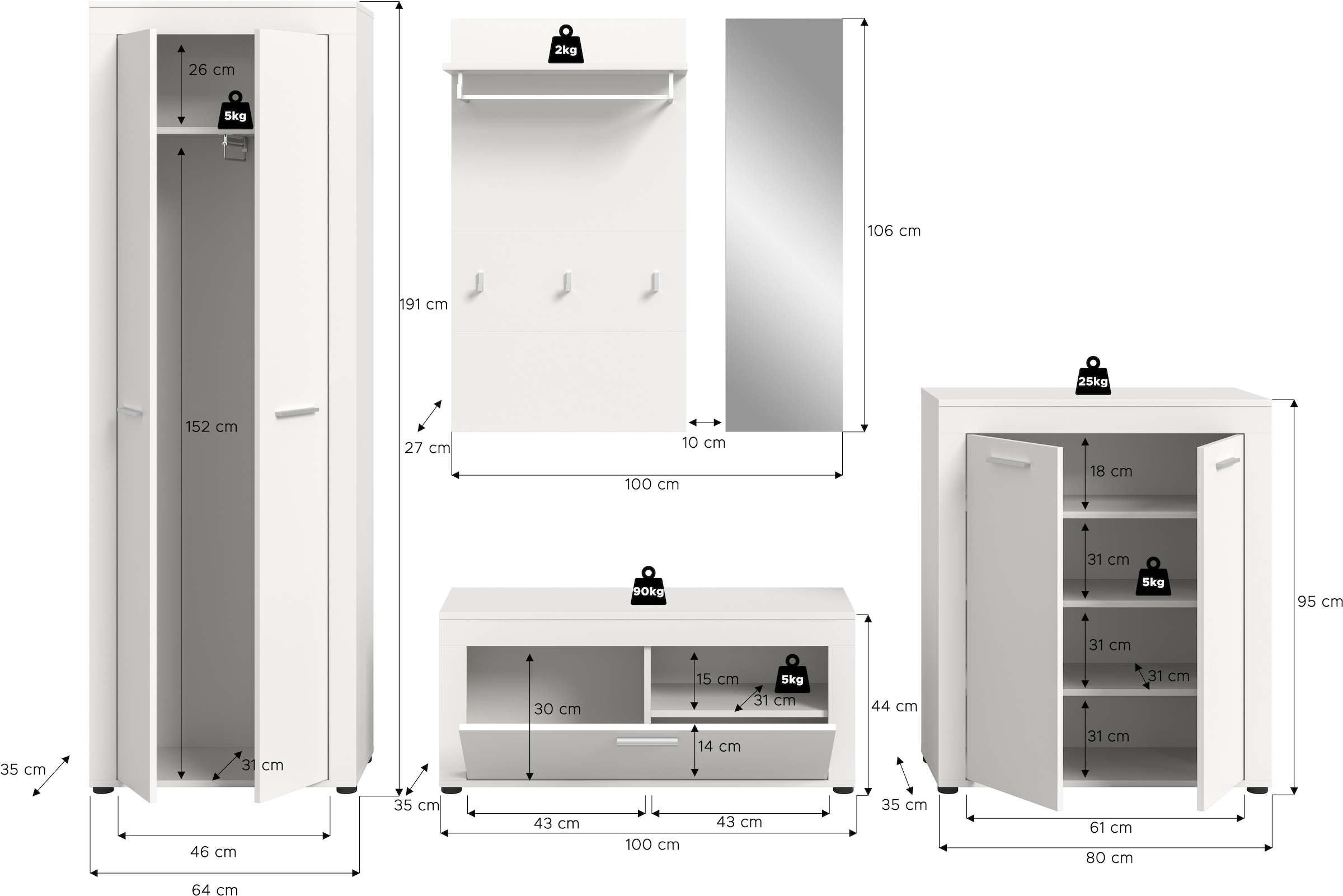 Home affaire Garderoben-Set »Aosta« Set, 5 Stk. tlg.