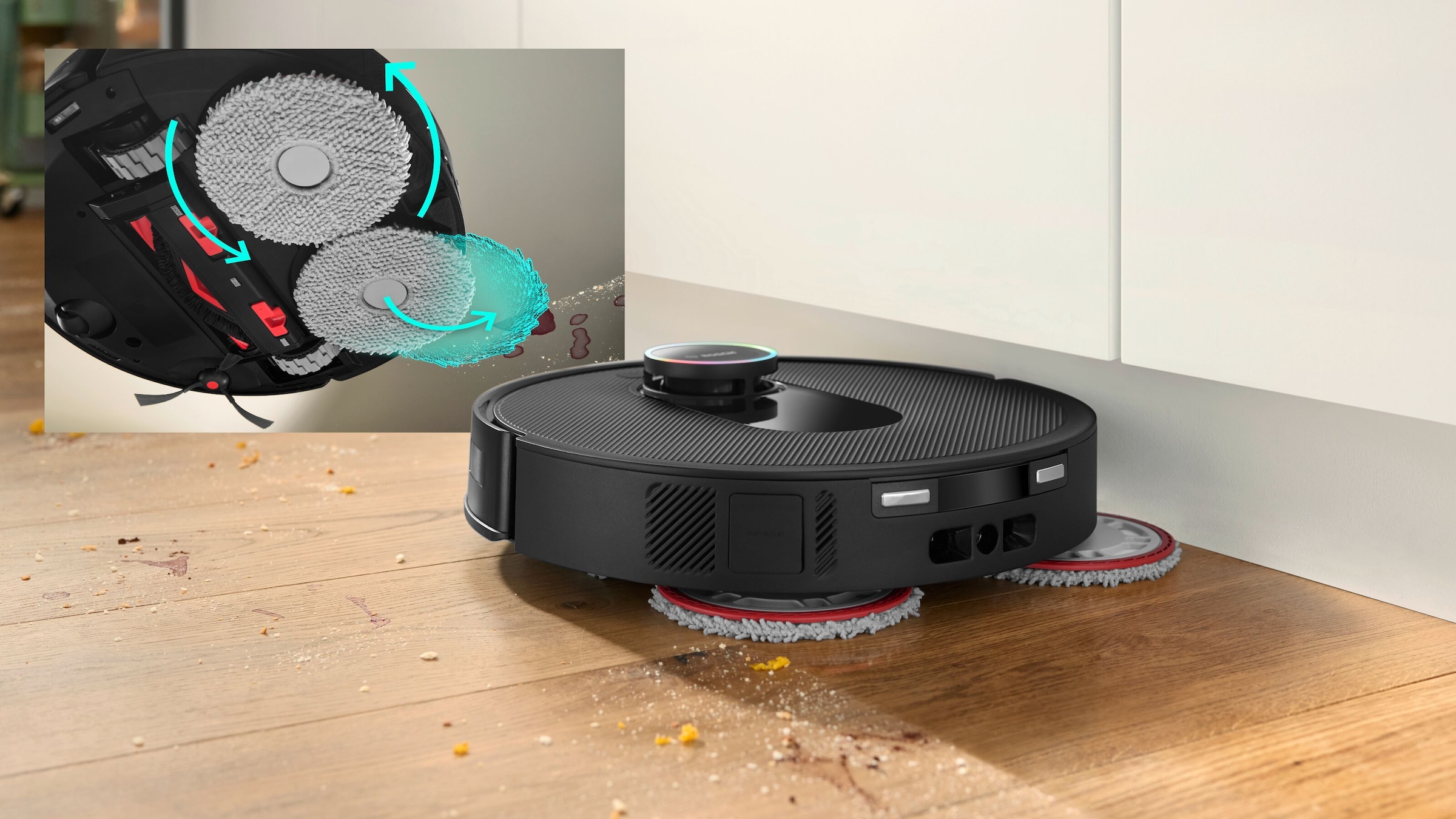 BOSCH Saugroboter »Spotless Max Cam BCRDW3BX, rotierende Wischpads, 70°C Selbstreinigung«, Datensicherheit, 11.000 Pa Saugkraft, Absaugstation, Kamera