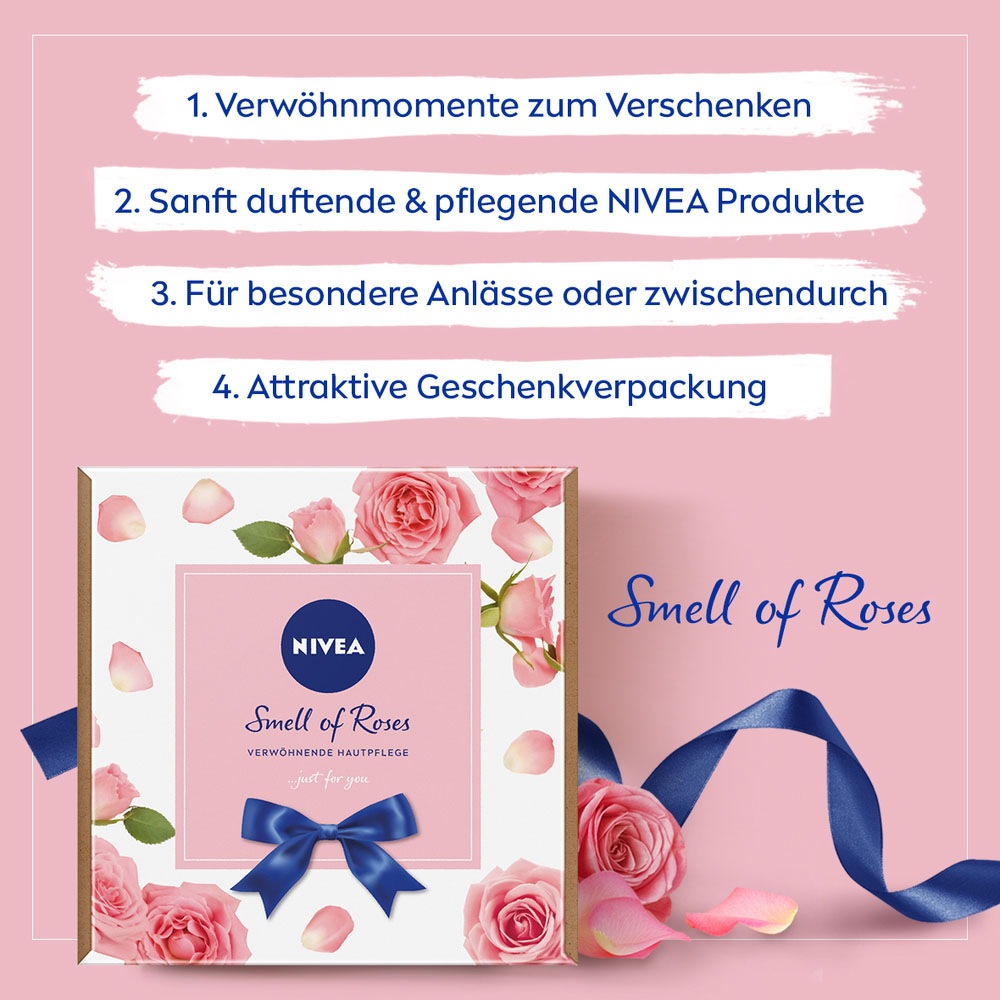 Nivea Pflege-Geschenkset »Smell of Roses«, (6 tlg.), Sinnliche Pflege mit zartem Rosen-Duft für Haut und Sinne.