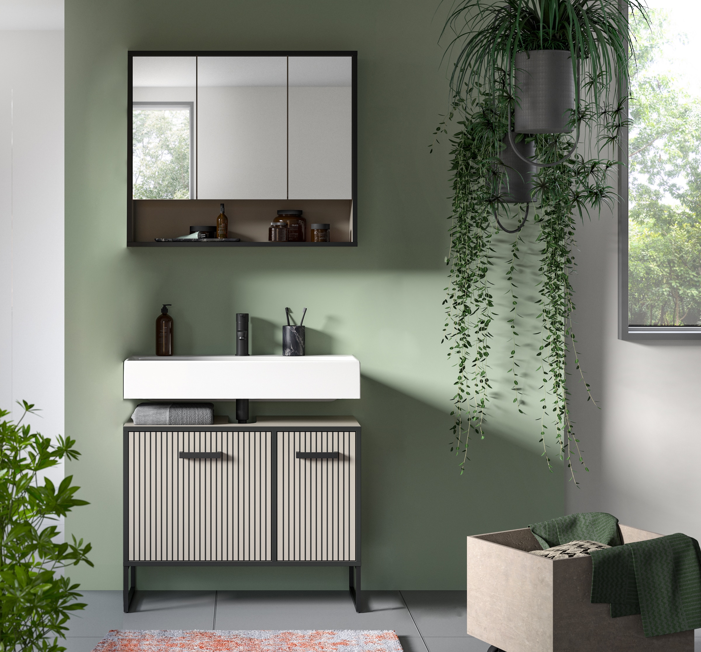 welltime Badmöbel-Set »Locri, Breite 80 cm, Rillenoptik, Metallkufen« 2 Stk. tlg.
