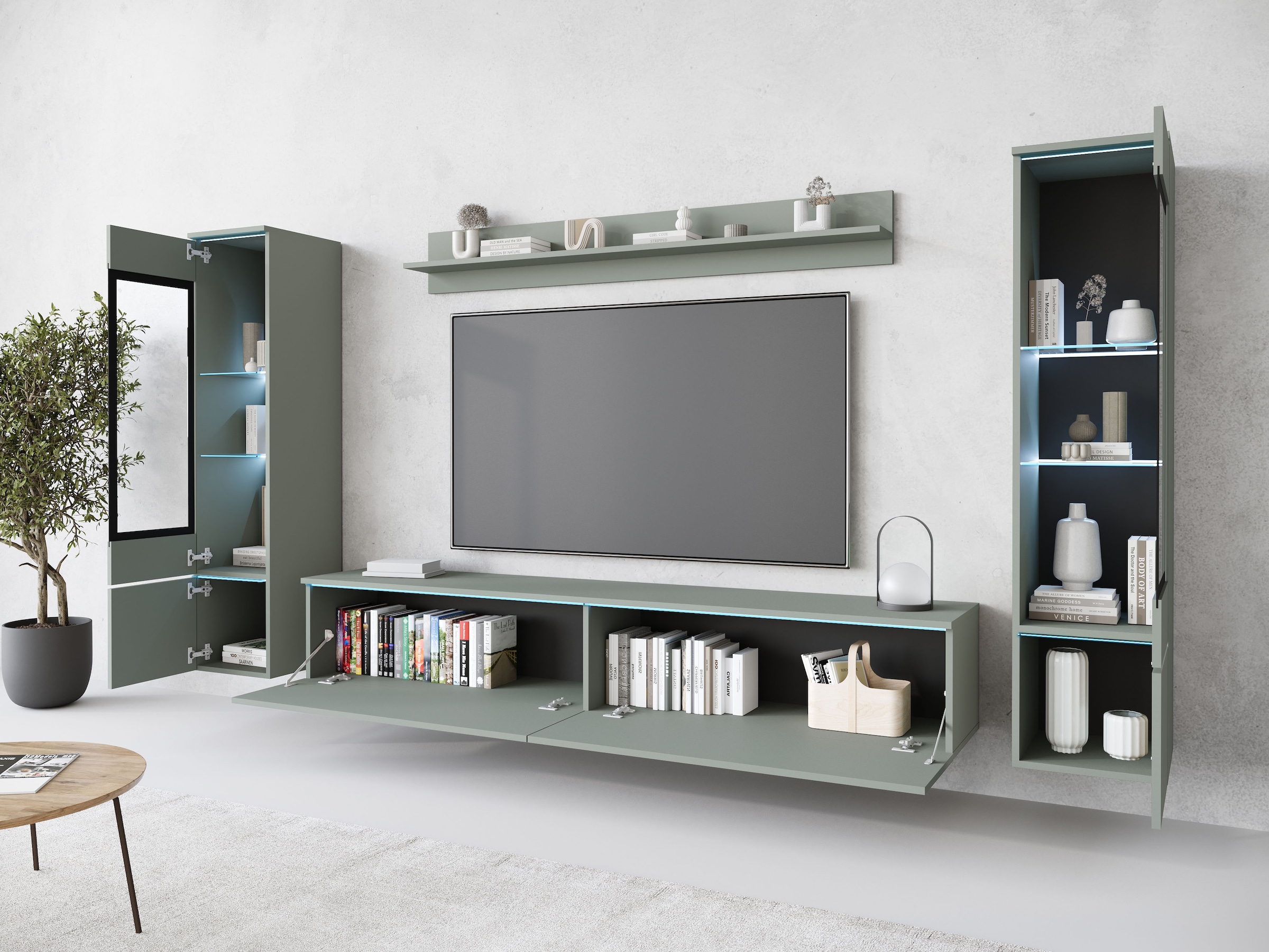 INOSIGN Wohnwand »VERA II, Vitrinen Türanschlag wechselbar«, (Komplett-Set, 4 St.), Mediawand 260 cm, Vitrine mit Verglasung, stehend und hängend