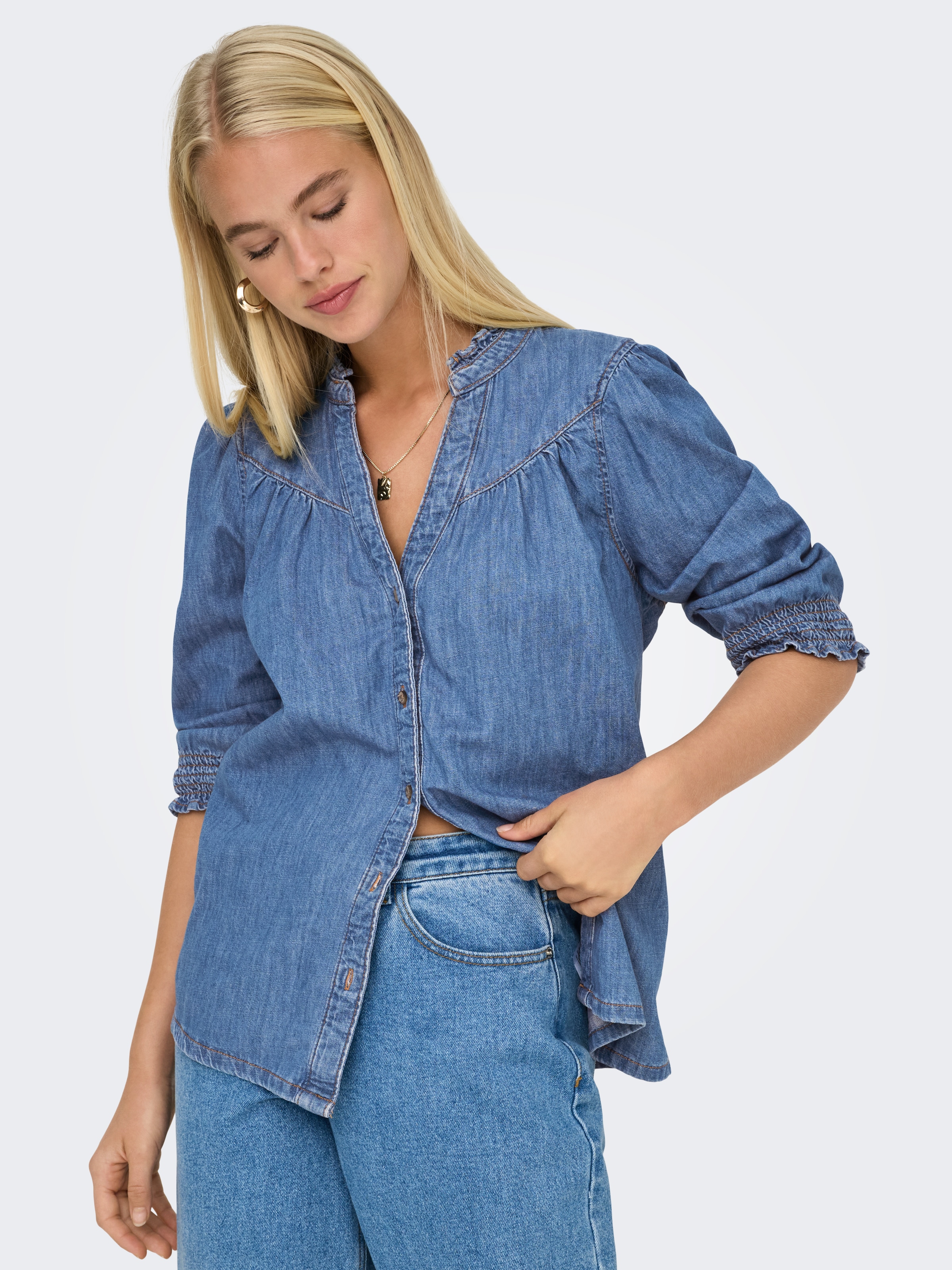 ONLY Jeansbluse »ONLRAYA 3/4 SHIRT DNM AKM NOOS« mit Rüschenkragen