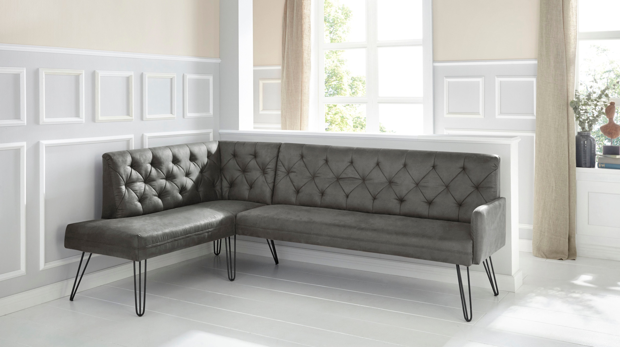 exxpo - sofa fashion Eckbank »Doppio, Chesterfield Optik, komfortabel und bequem, hohe Designfüße«, Frei im Raum stellbar