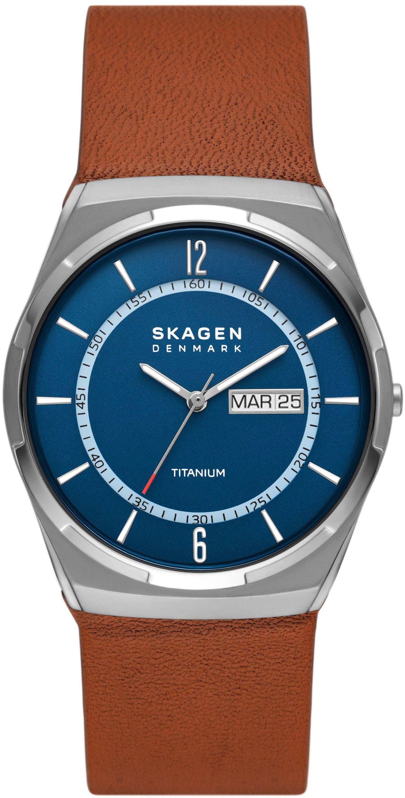 Skagen Quarzuhr »MELBYE TITANIUM«, Armbanduhr, Herrenuhr, Tag, Datum, analog, Lederarmband,...