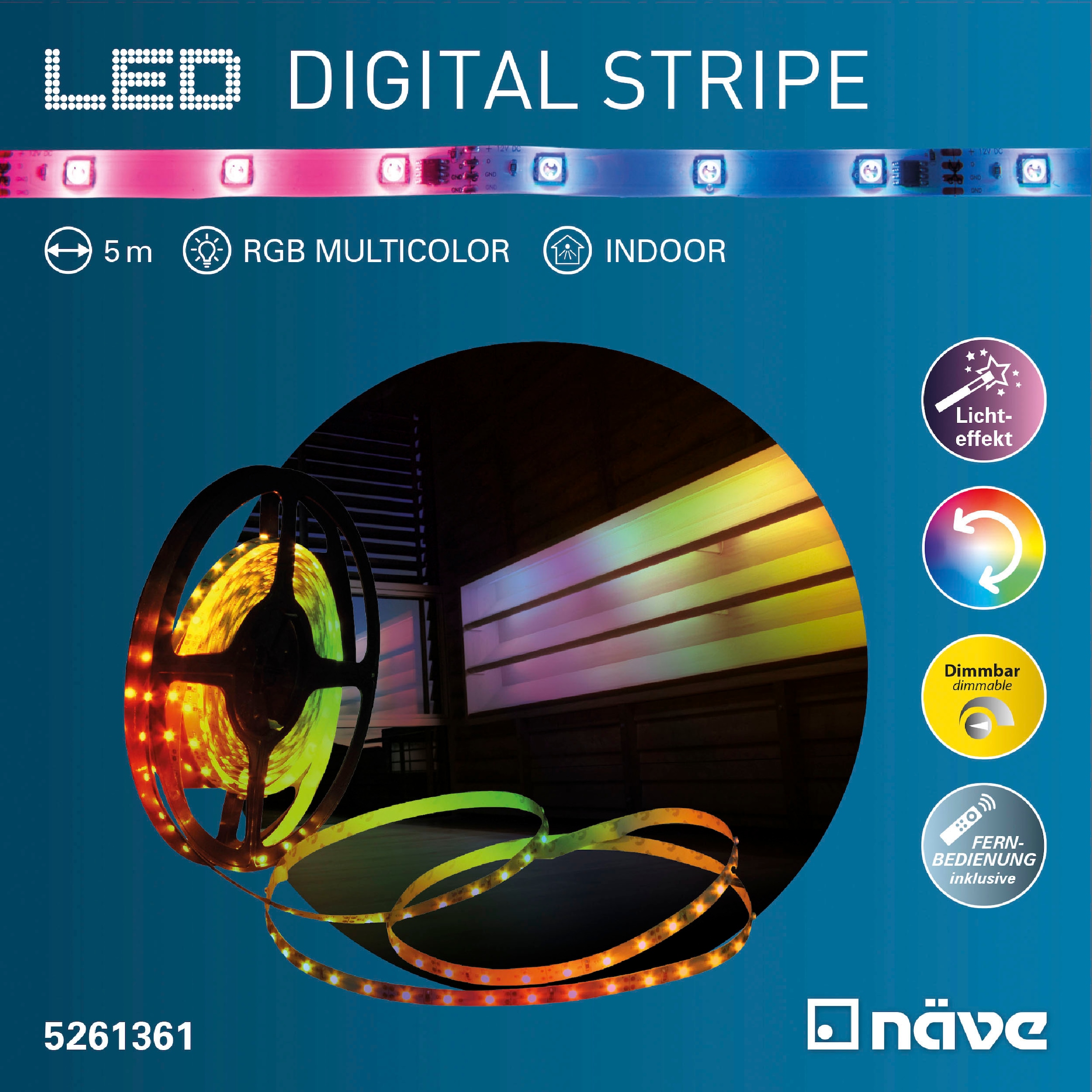 näve LED-Streifen »Stripe«, 1 St.-flammig, LED Stripe RGB, 5m, Infrarot-Fernbedienung, IP20, Dimmbar, 19W