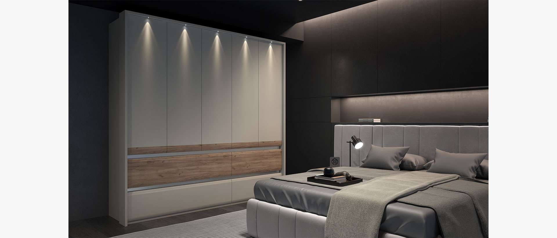 Places of Style Kleiderschrank »Invictus, UV lackiert, kratzfest, FSC-zertifiziert, grifflose Optik«, (abgerundete Schubladen aus MDF im Holzdekor, soft-close), mit Beleuchtung und Passpartourahmen, hoher Schrank (226cm), 6 Breiten