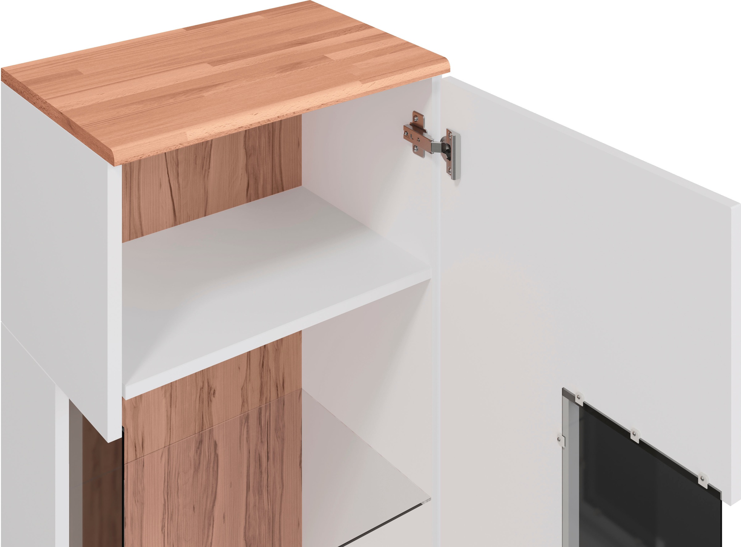 Home affaire Vitrine »RIBE75, 1Glasboden variabel, dunkles gehärtetes Glas, Trendfarbe« Oberplatte Kernbuche massiv,dunkles Glas, schwarze Metall Griffe