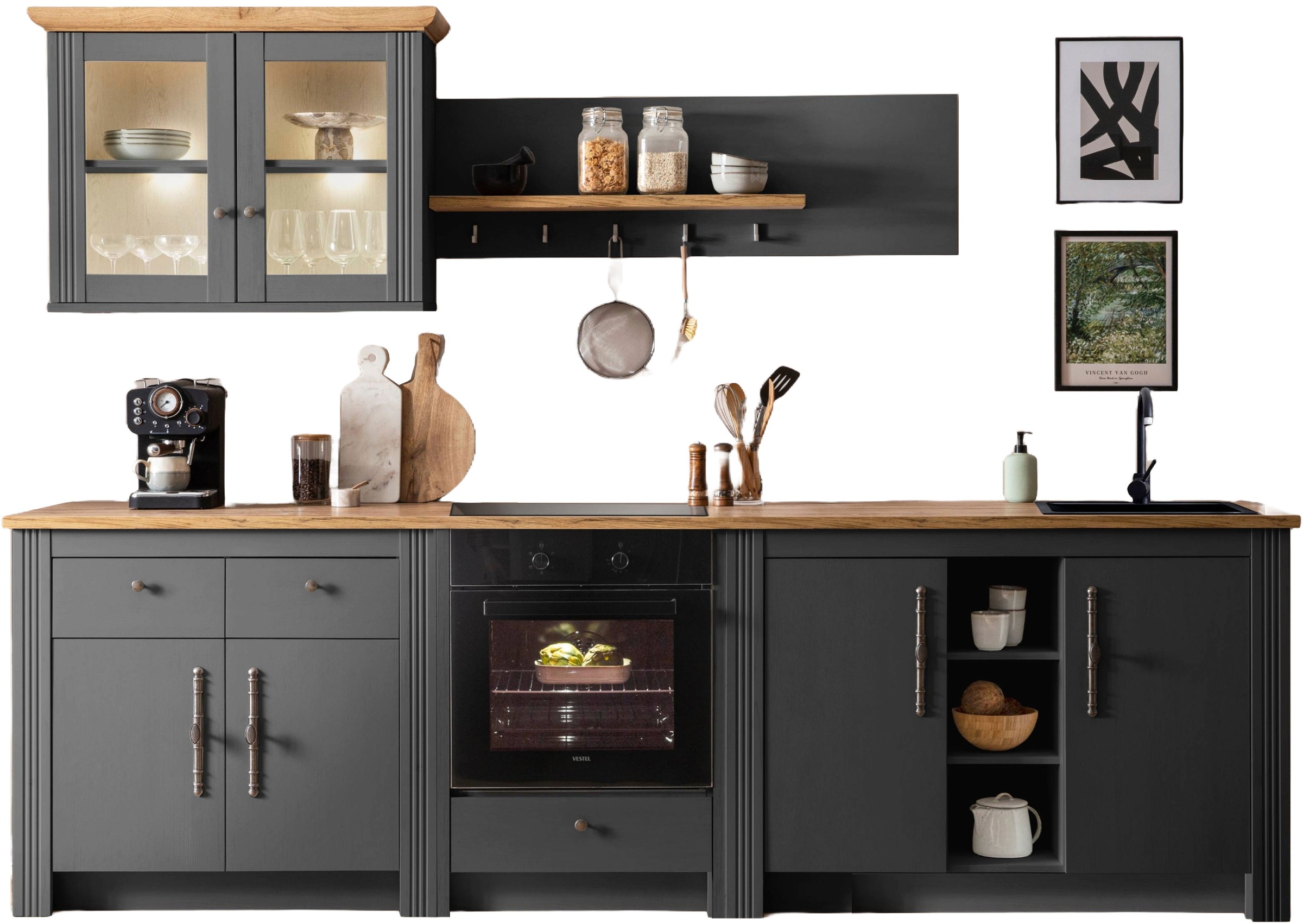 OTTO home Küchenzeile "KS-Westminster, Pantryküche im Landhaus Stil, hochwertige Metallgriffe" Set, Breite 294 cm, Kommoden, Wandpaneel, Hängeschrank, Herdumbau