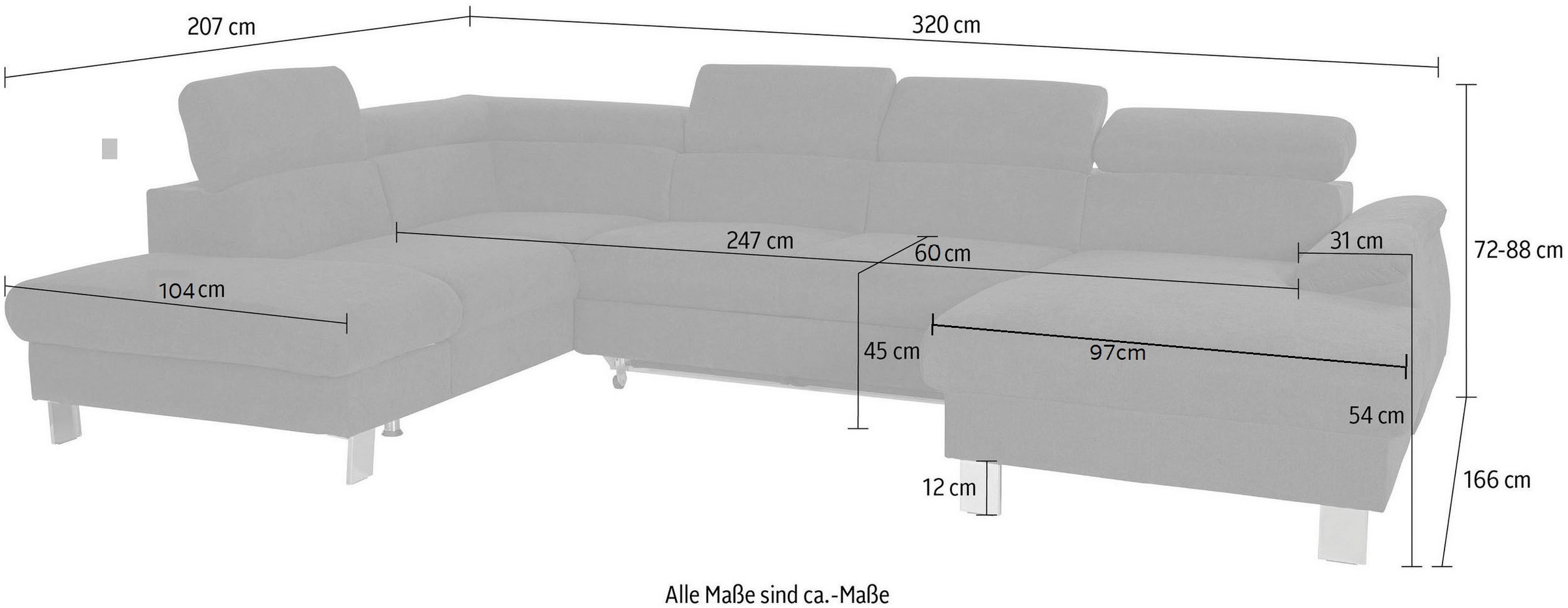 COTTA Wohnlandschaft »Komaris U-Form, B: 320 cm«, mit Kopfteilverstellung, optional Bettfunktion, Bettkasten & Licht