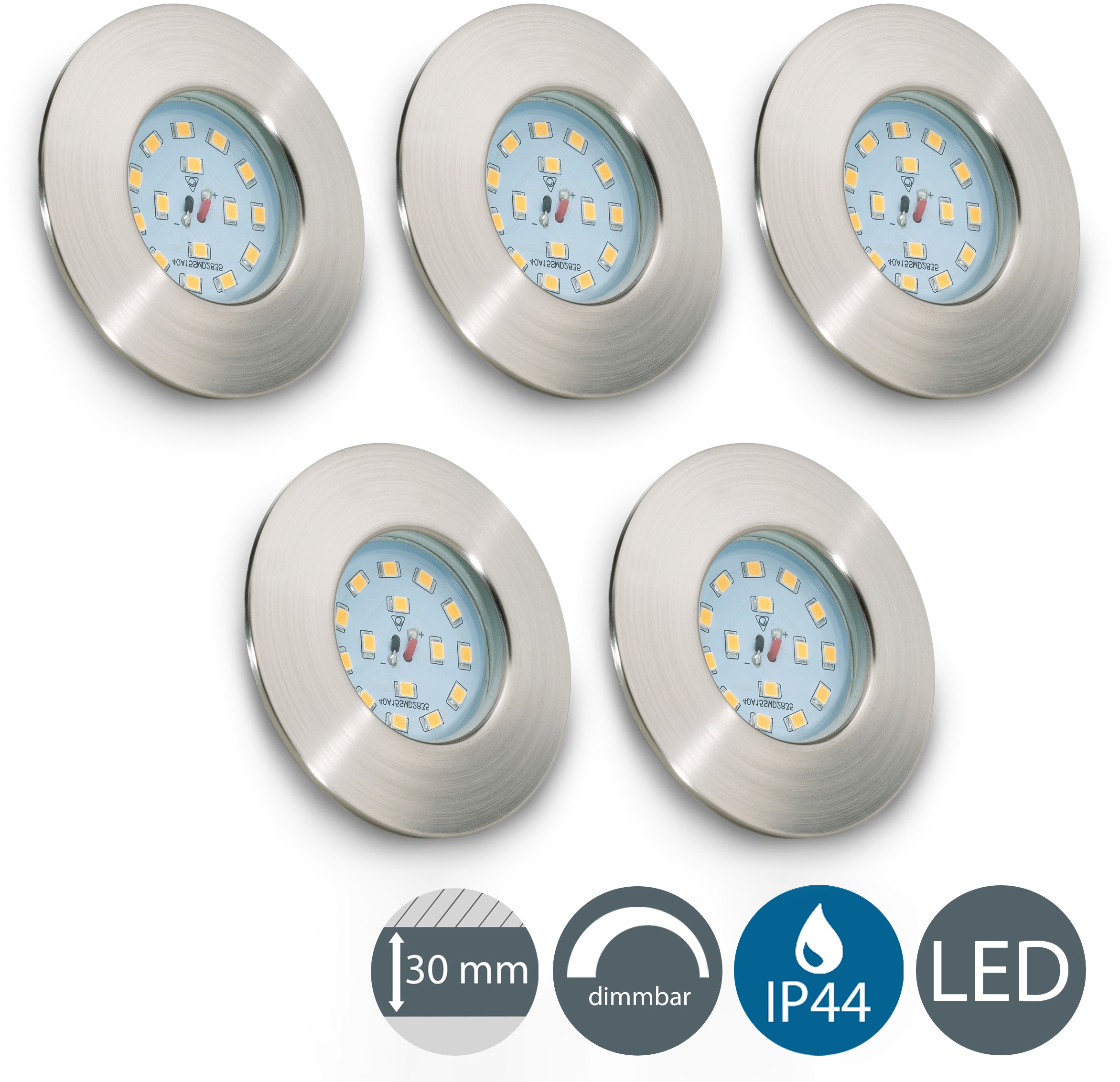 B.K.Licht LED Einbauleuchte »5er Set Bad Einbaustrahler, IP44 geschützt, LED Einbauspots, flach« LED-Board 5 Stk. Warmweiß 3.000K, 470Lm, 5,5W, Kunststoff, 7,5 x 3 cm, Nickel