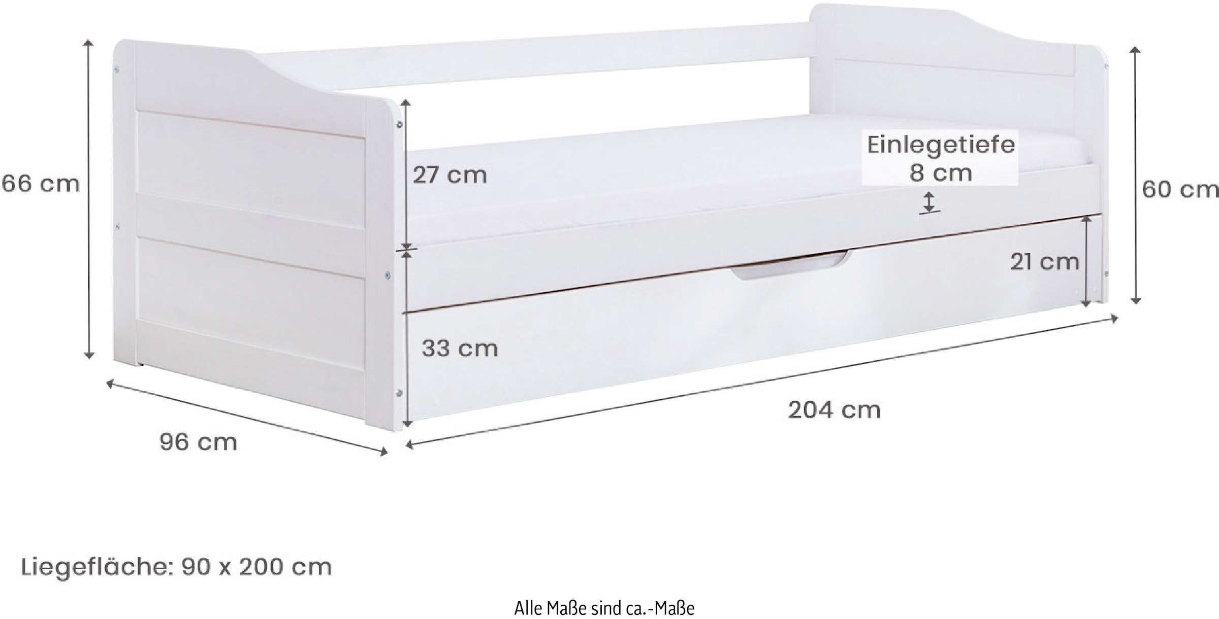 Ticaa Funktionsbett »Melinda, Daybett, Jugendbett, 2 Schlafplätze, Schublade auf Rollen«, (90x200cm), FSC®-zertifizierte Kiefer, 2 Rollroste, Massivholz