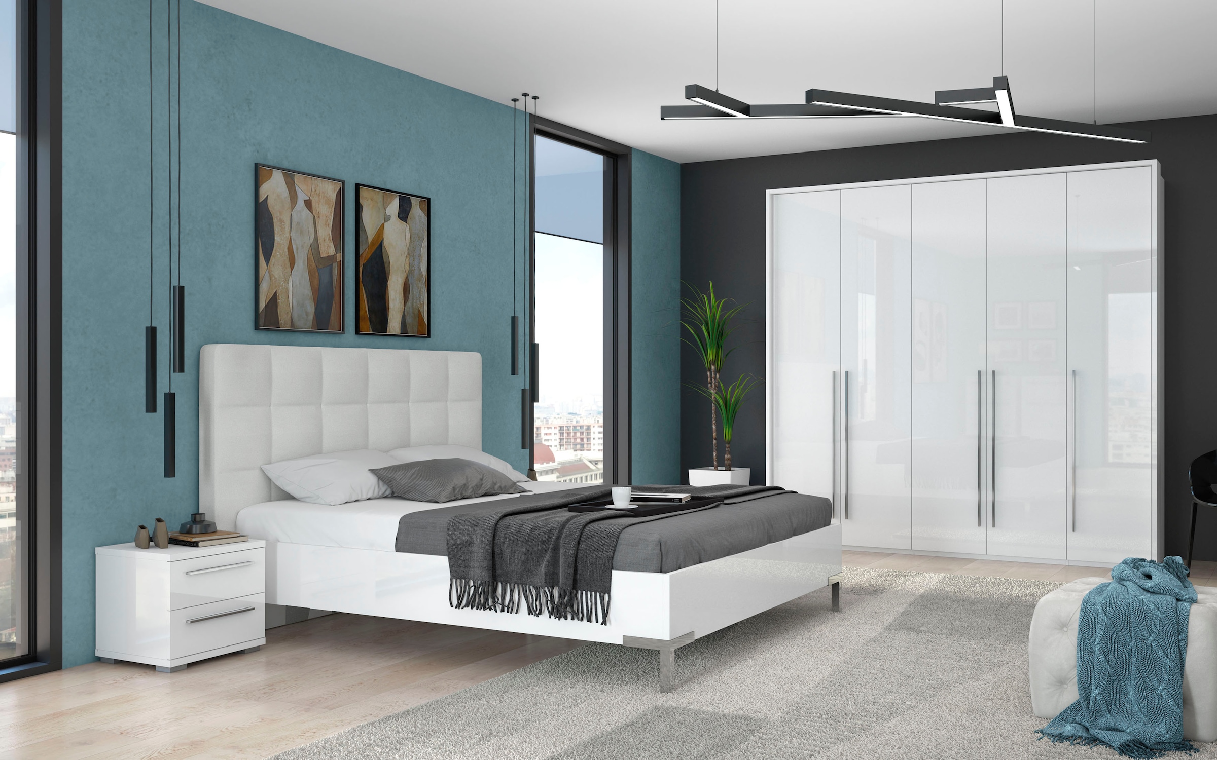 Places of Style Kleiderschrank »Piano, inklusive Rahmen und Beleuchtung, soft-close-Funktion«, (viele Breiten zur Auswahl, 226cm hoch), beige oder weiß, UV lackiert, Hochglanzfronten, FSC-zertifiziert