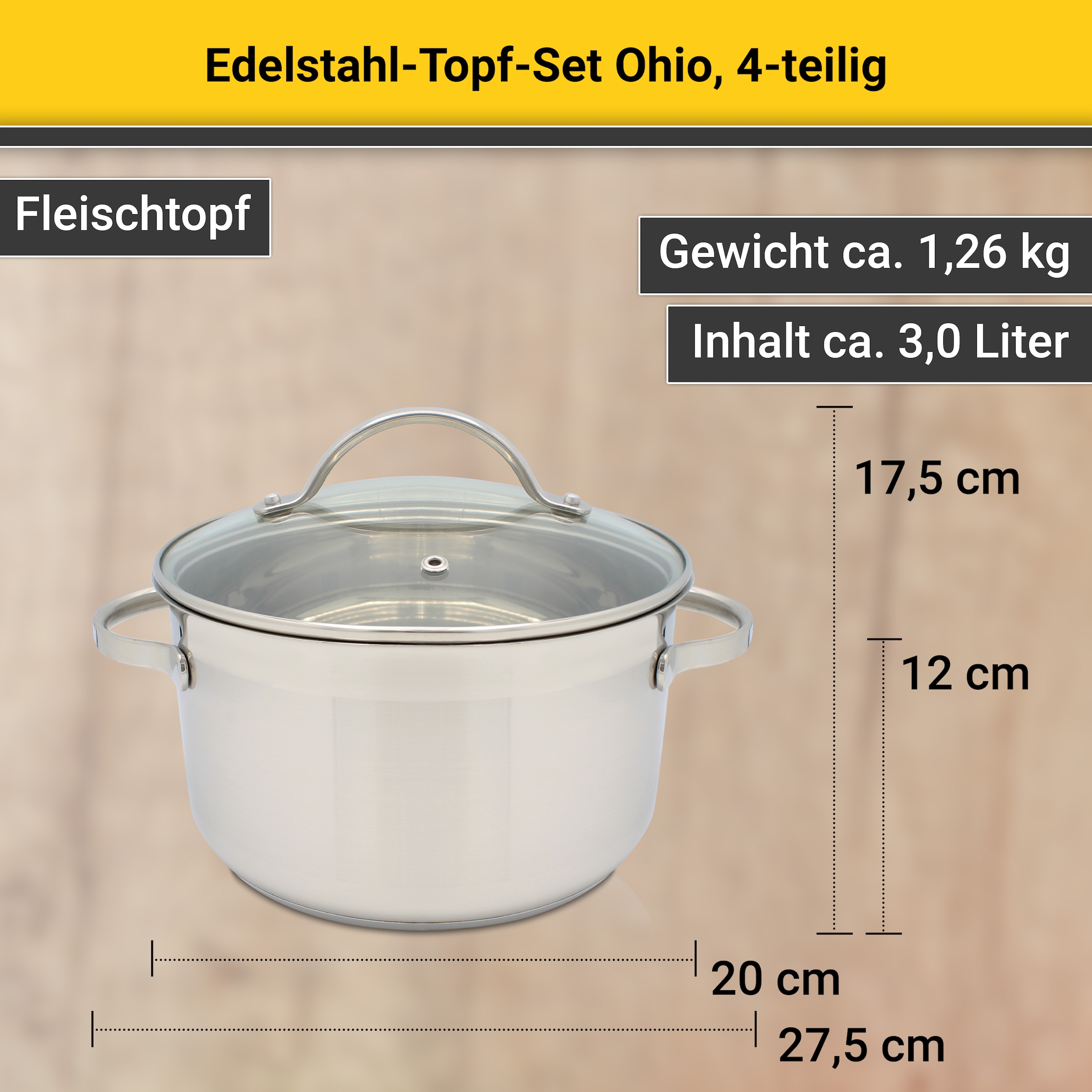 Krüger Topf-Set »Ohio«, Edelstahl, (Set, 7 tlg., Bratentopf Ø 20 cm, Fleischtopf Ø 16/20 cm, Stielkasserolle Ø 16 cm), für Induktions-Kochfelder geeignet