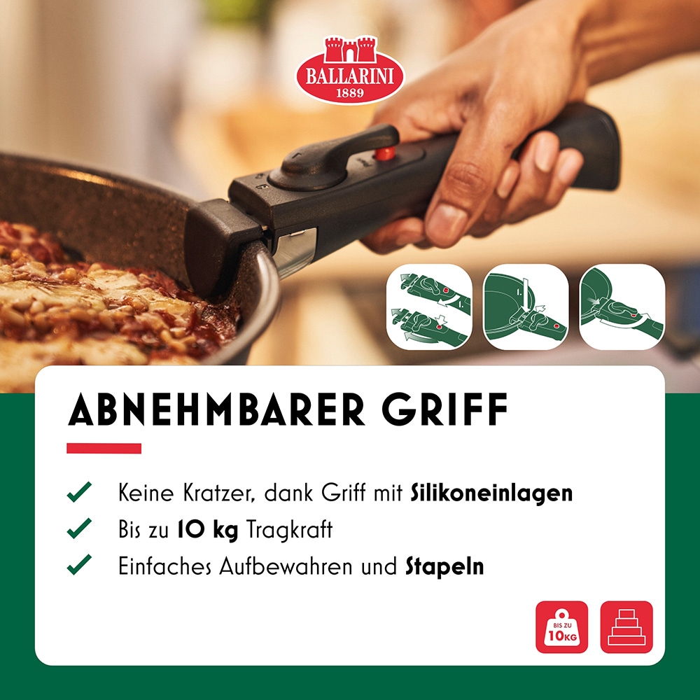 BALLARINI Pfannen-Set »Bratpfanne Torre«, Aluminium, (Set, 2 tlg., 1 abnehmbarer Griff, 1 Bratpfanne), Abnehmbarer Griff, Keramikbeschichtung, Made in Italy, stapelbar