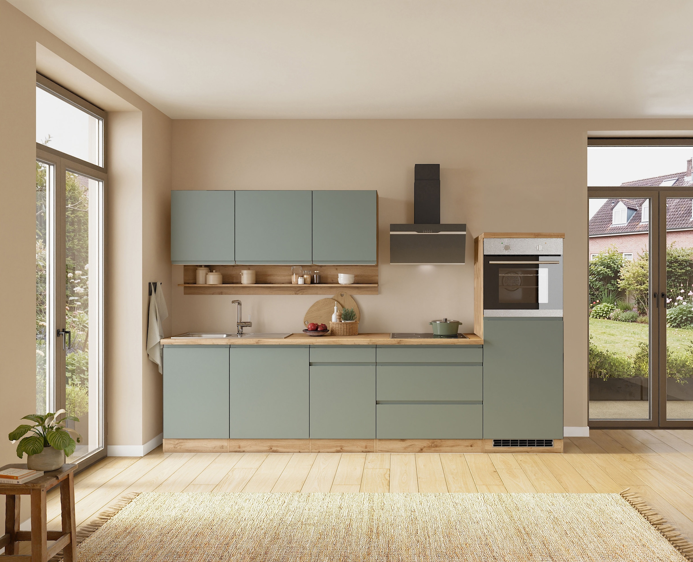 KOCHSTATION Küchenzeile »KS-Virginia,neu in verbesserter Ausführung« Arbeitsplatte 38 mm stark, Stauraum, Softclose,  Breite 300 cm, Soft-Close, ohne E-Geräte