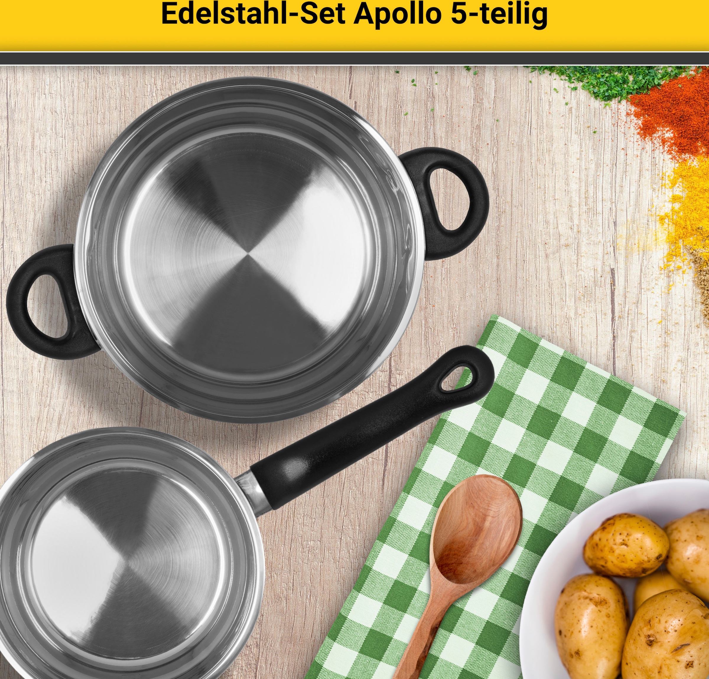 Krüger Topf-Set »Apollo«, Edelstahl, (Set, 9 tlg., 1 Bratentopf Ø 16/20 cm, 1 Fleischtopf Ø 16/20 cm, 1 Stieltopf Ø 16 cm), Induktion