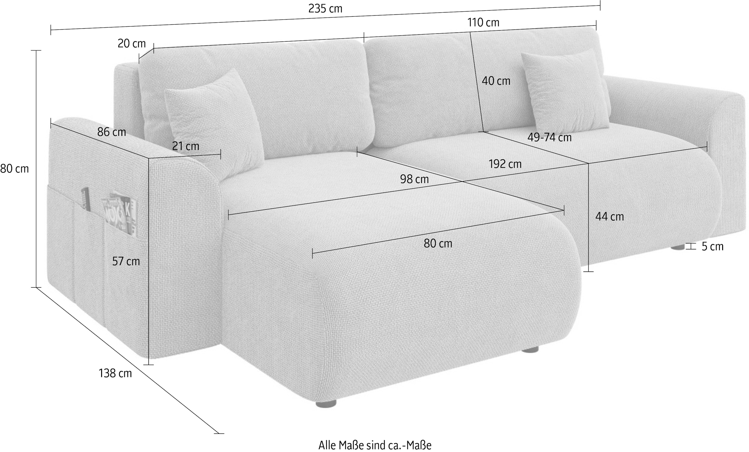 andas Ecksofa »VasbySuyal mit Einstecktasche an beiden Armlehnen«, L-Form, mit Schlafunktion und Bettkasten, incl. 2 Zierkissen