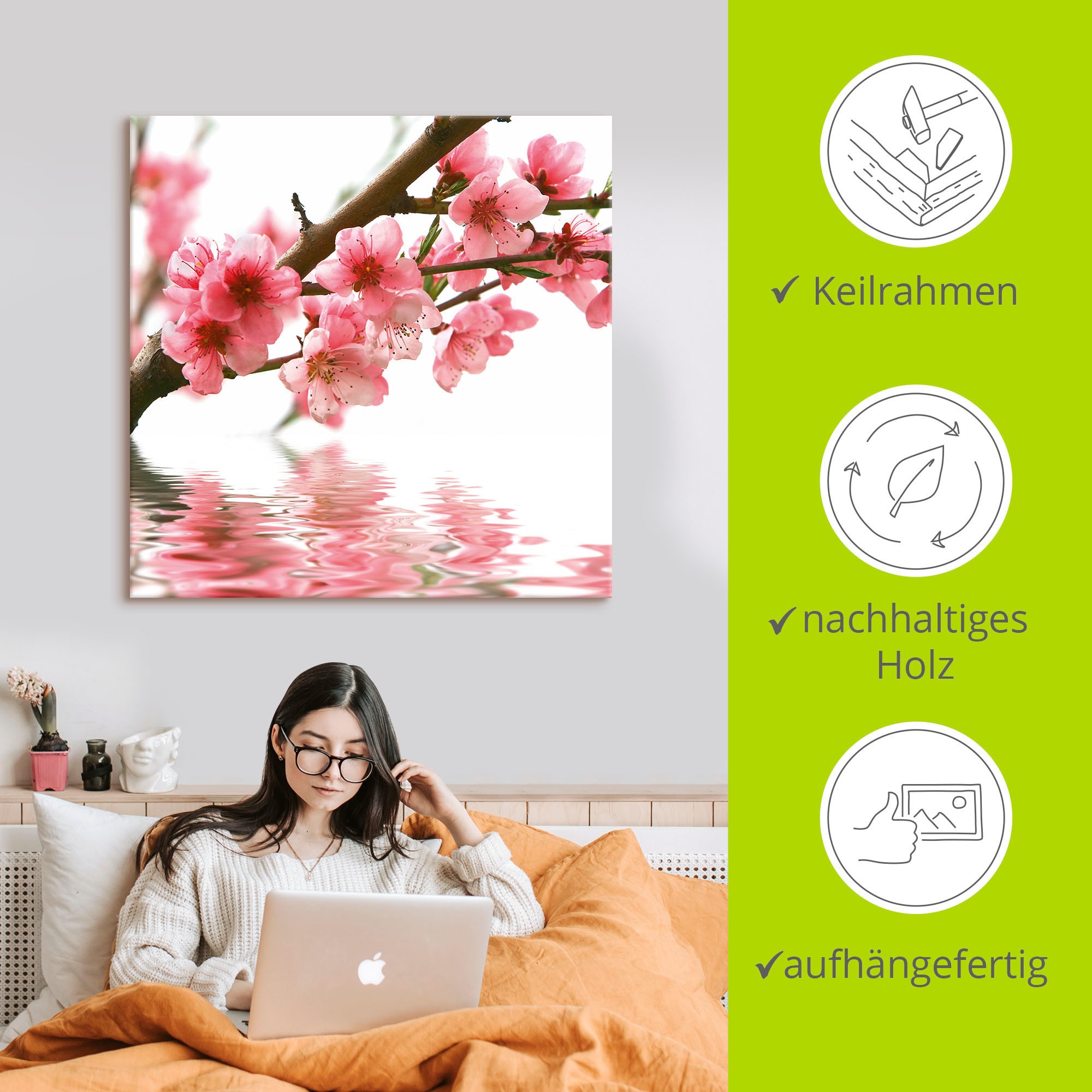 Artland Wandbild »Pfirsichblüten reflektieren im Wasser« 1 Stk. tlg. als Leinwandbild in verschied. Größen