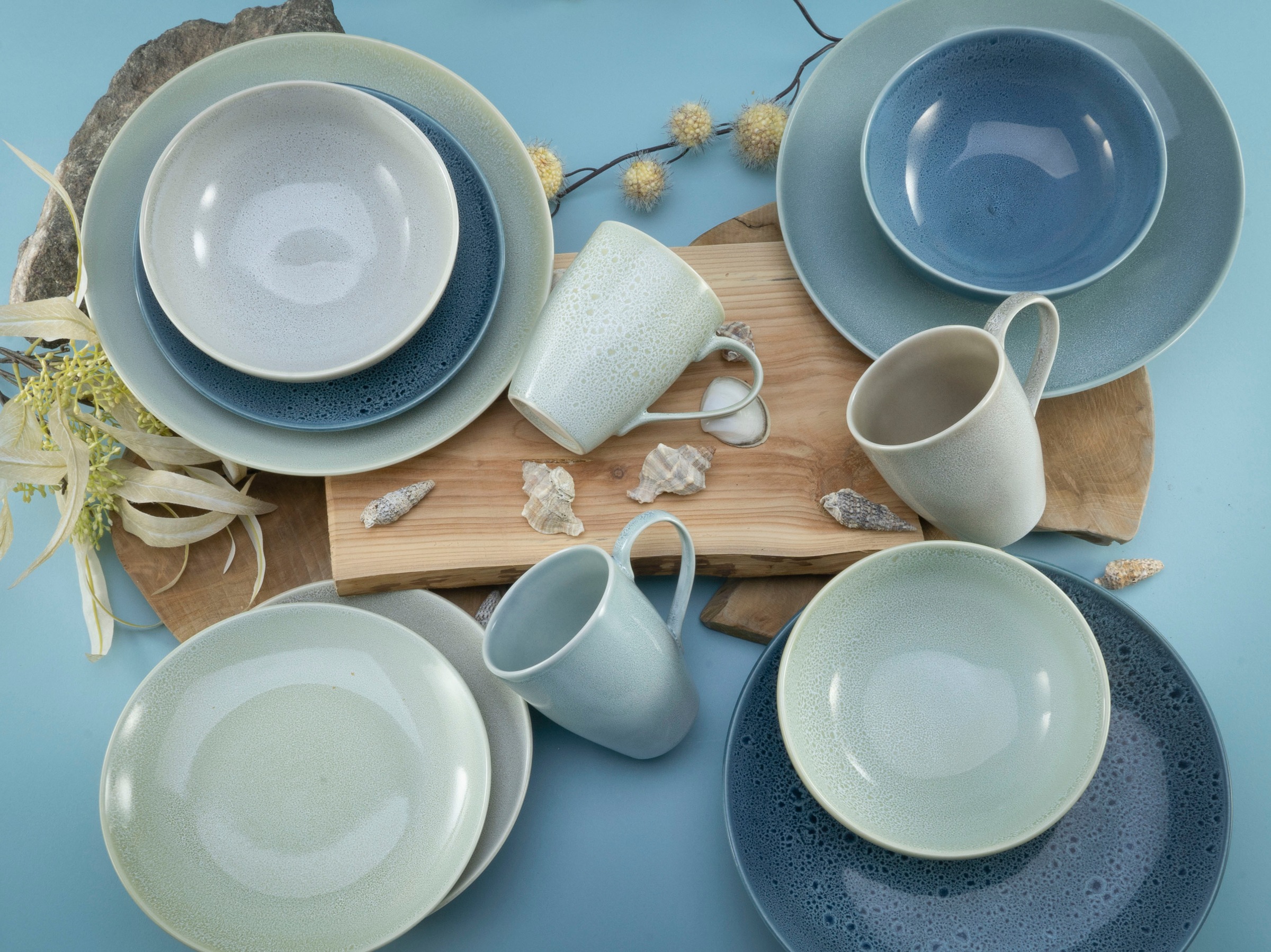 CreaTable Kombiservice »Geschirr-Set Reactive«, (Set, 16 tlg., Kaffeeservice und Tafelservice im Set, für 4 Personen), Service, Jedes Stück ist ein Unikat, 16 Teile, für 4 Personen