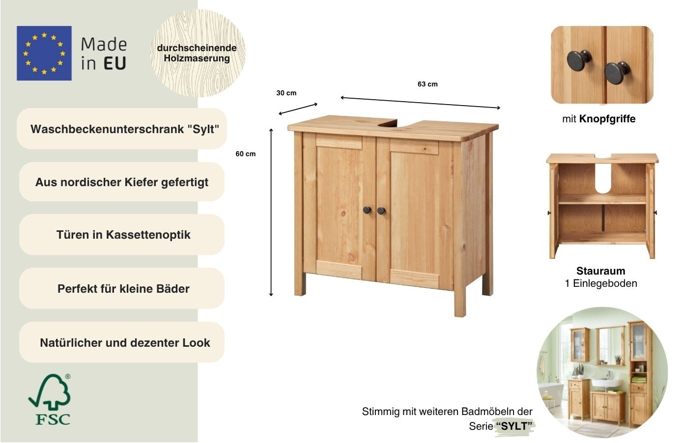 welltime Waschbeckenunterschrank »Sylt« Badmöbel im Landhaus-Stil, Breite 64 cm, aus Massivholz