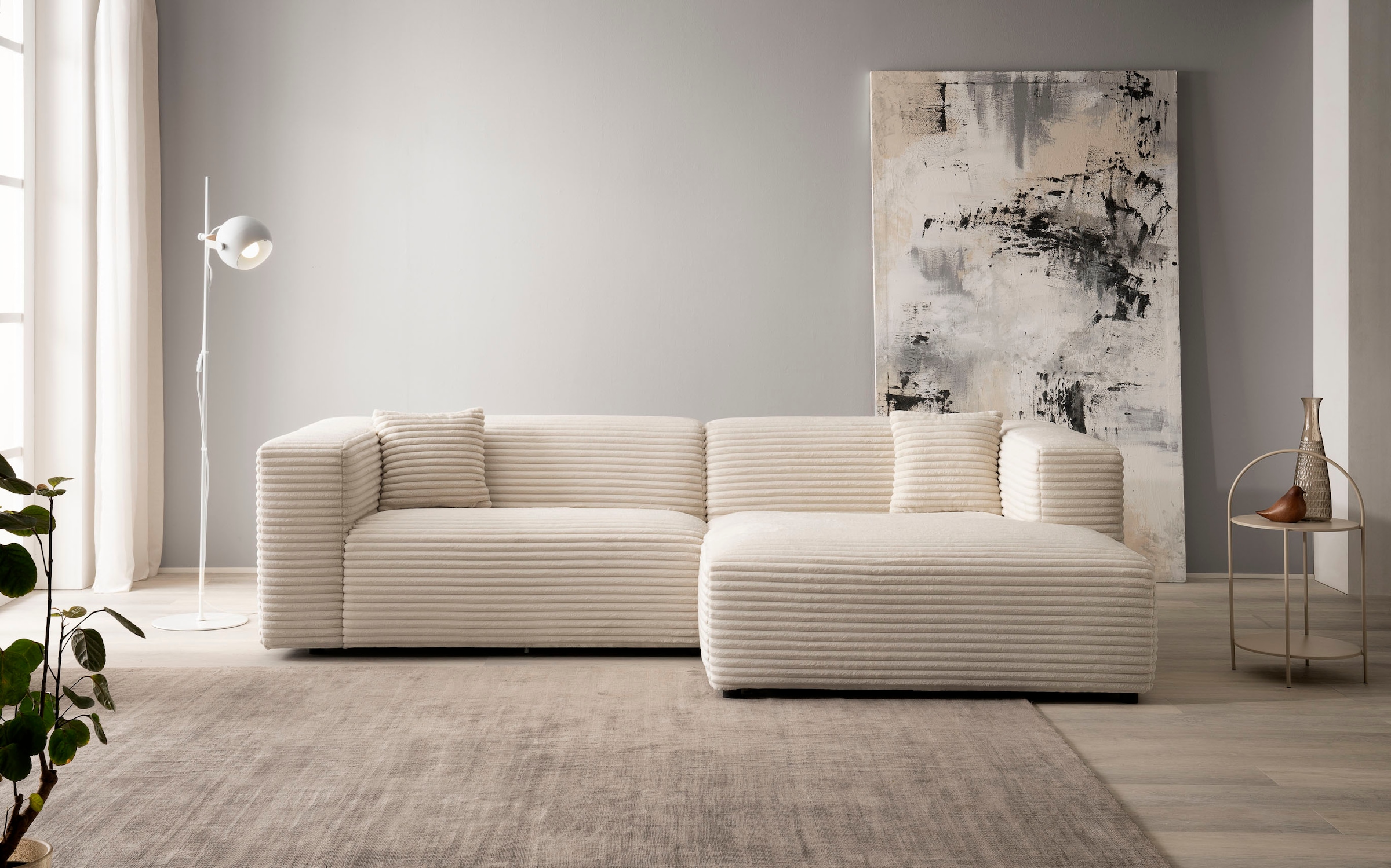 andas Ecksofa »BAKELS, L-Form in Cord oder Boucle-Stoff, moderne Couch«, wahlweise Recamiere rechts/links, bequemer Sitzkomfort