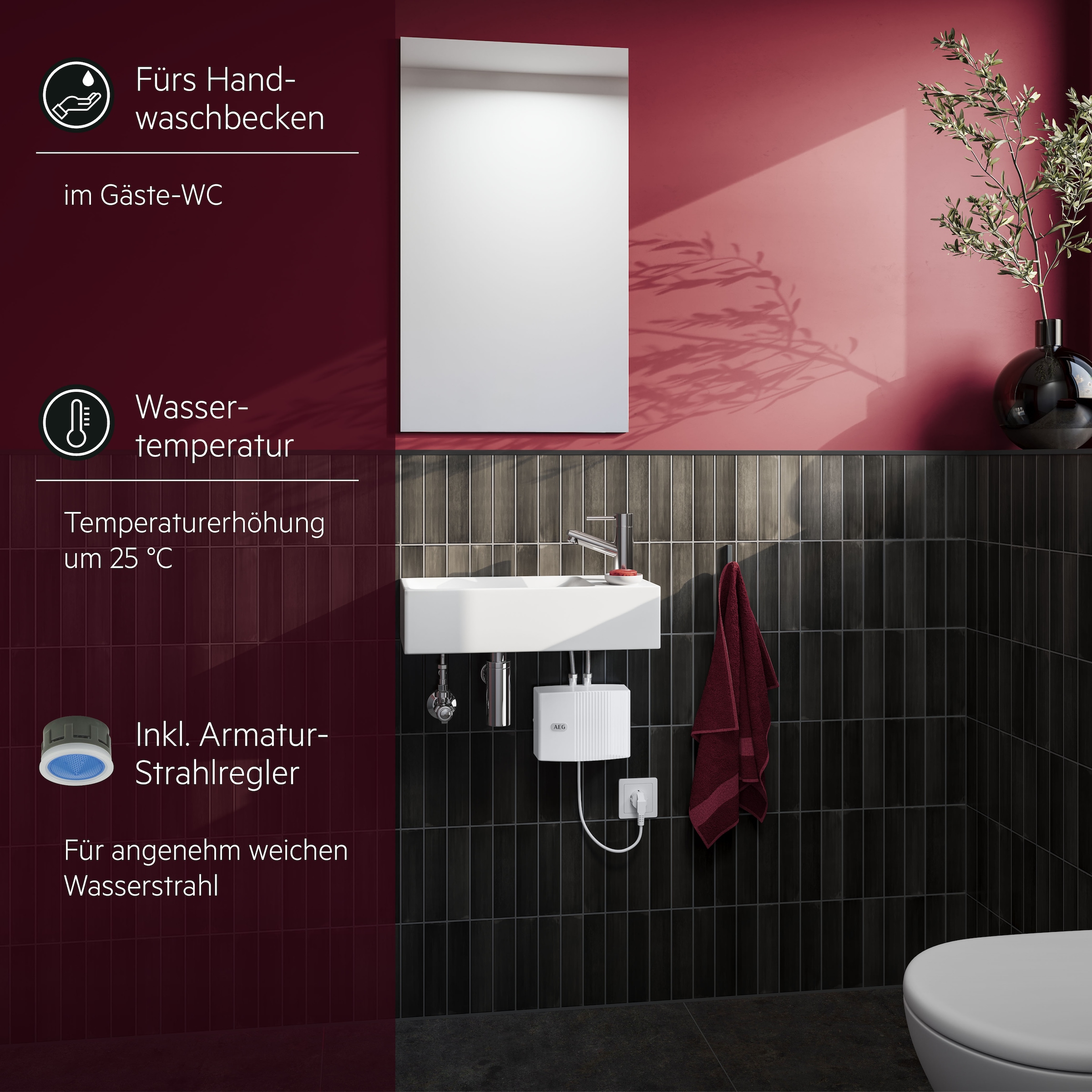 AEG Haustechnik Klein-Durchlauferhitzer »MTE 350 f. Handwaschbecken, 3,5 kW, m. Stecker« 230V, elektronisch, druckfest + drucklos