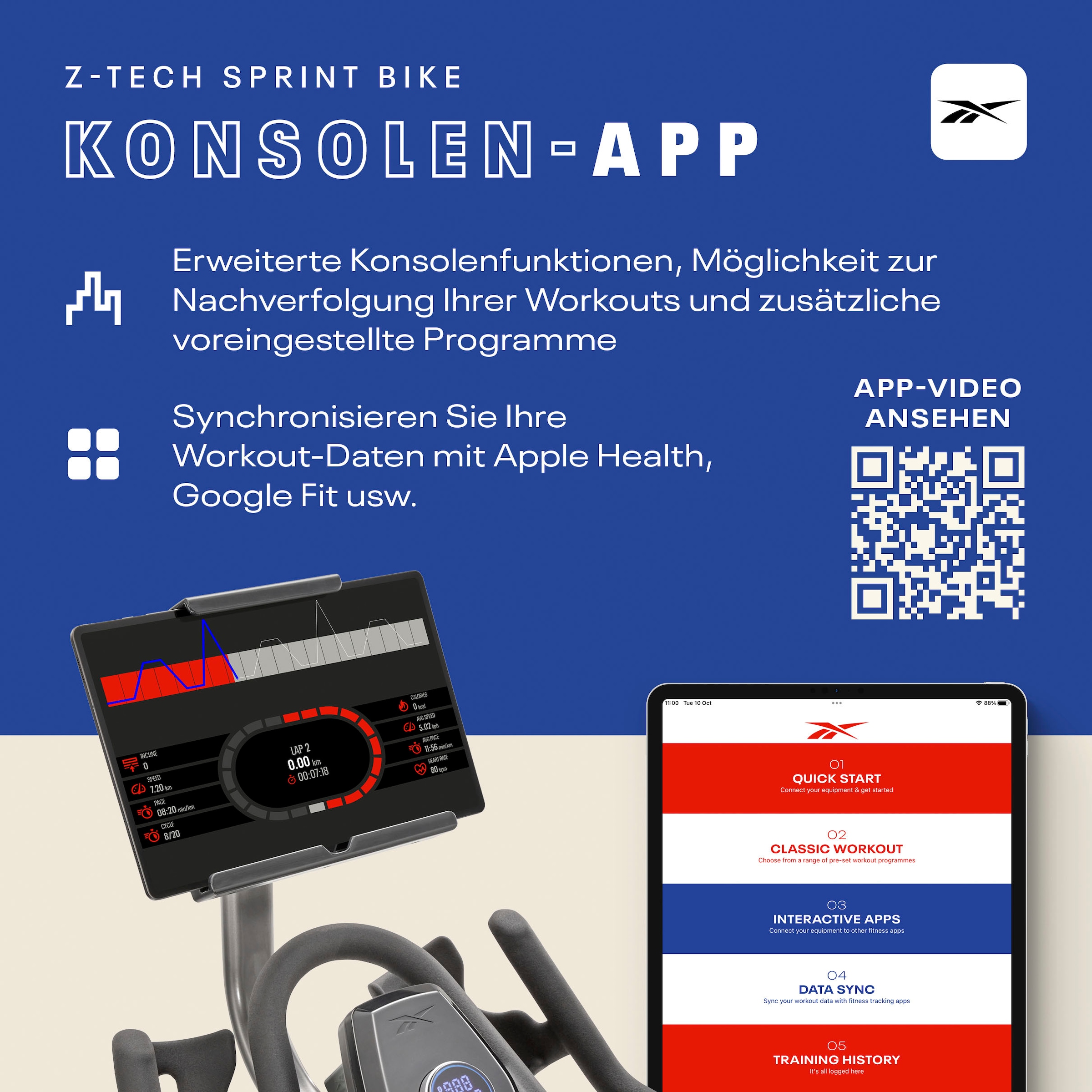 Reebok Speedbike »Z-Tech Speedbike«, (mit Tablet-Halterung), Schwungmasse ca. 9,95 kg, 50 Widerstandsstufen