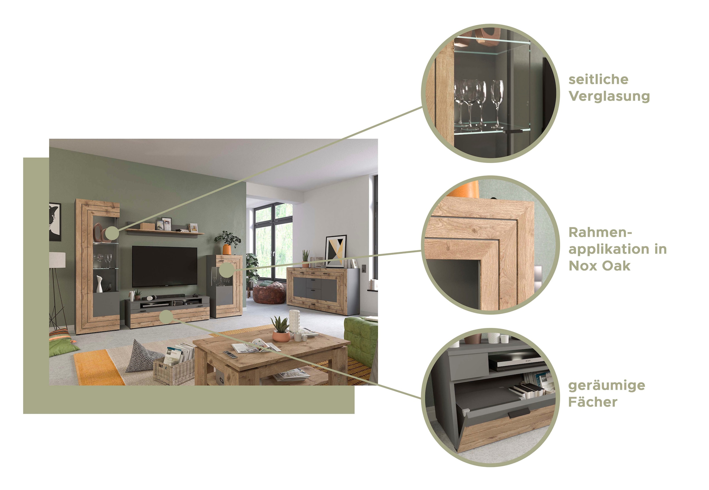 INOSIGN Wohnwand »Aalborg, Breite 290cm, 2-farbig,Metallgriffe, 4-teilig, bestehend aus:«, (4 St.), 1x Vitrine, 1x Lowboard, 1x Wandboard und 1x Stauraumschrank