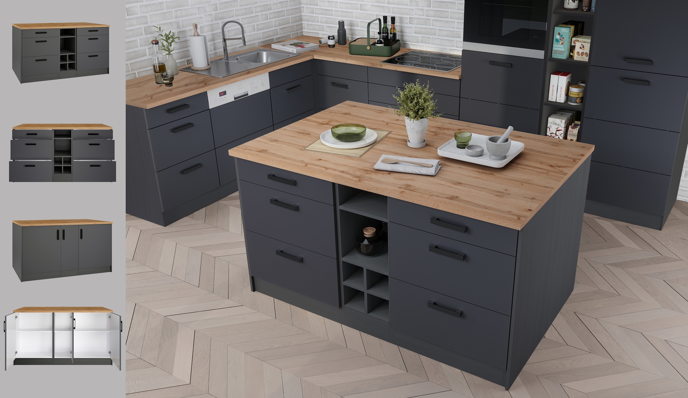KOCHSTATION Kücheninsel »KS-Toronto«, Breite 153 cm, MDF-Fronten, Flaschenregal