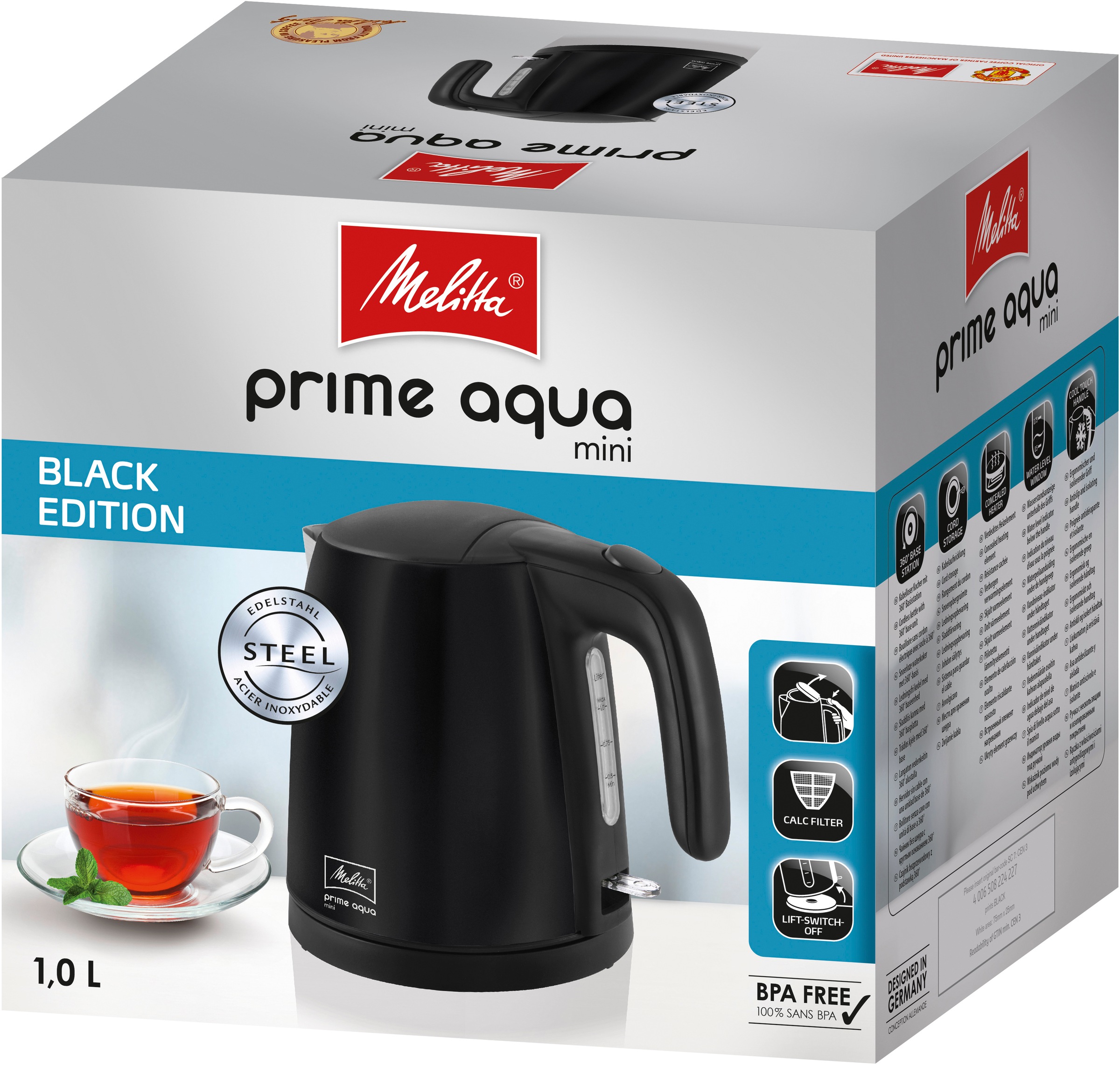 Melitta Wasserkocher »Prime Aqua Mini Black Edition«, 1,0 l, 2200 W