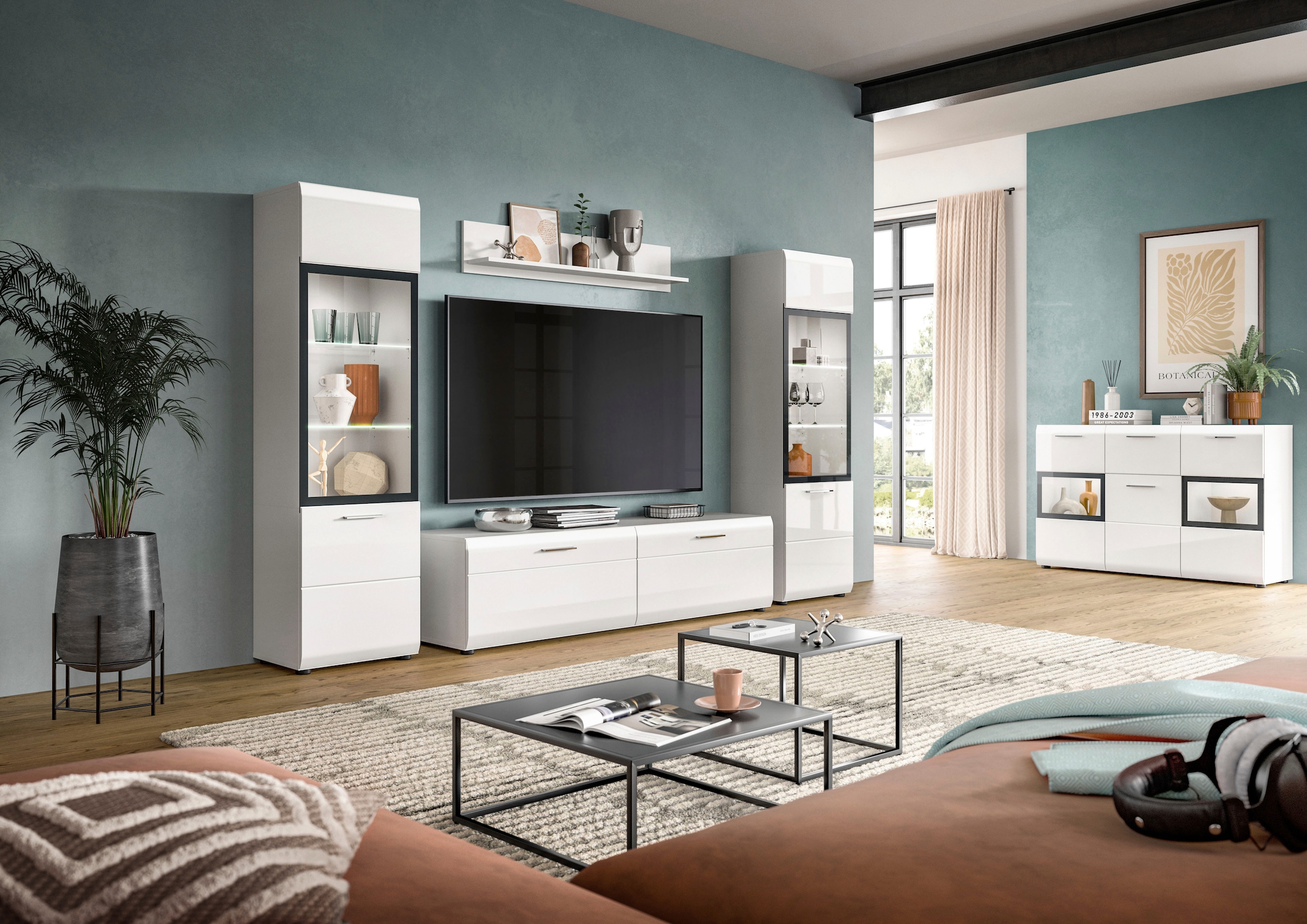 Home affaire Vitrine »FLORENZ, Höhe: 160 cm, hochwertige MDF-Front, Glastür, Glasböden« 1 Stk. tlg. Vitrine, Vitrine weiß, Vitrinenschrank, Wohnzimmervitrine, Wohnzimmer