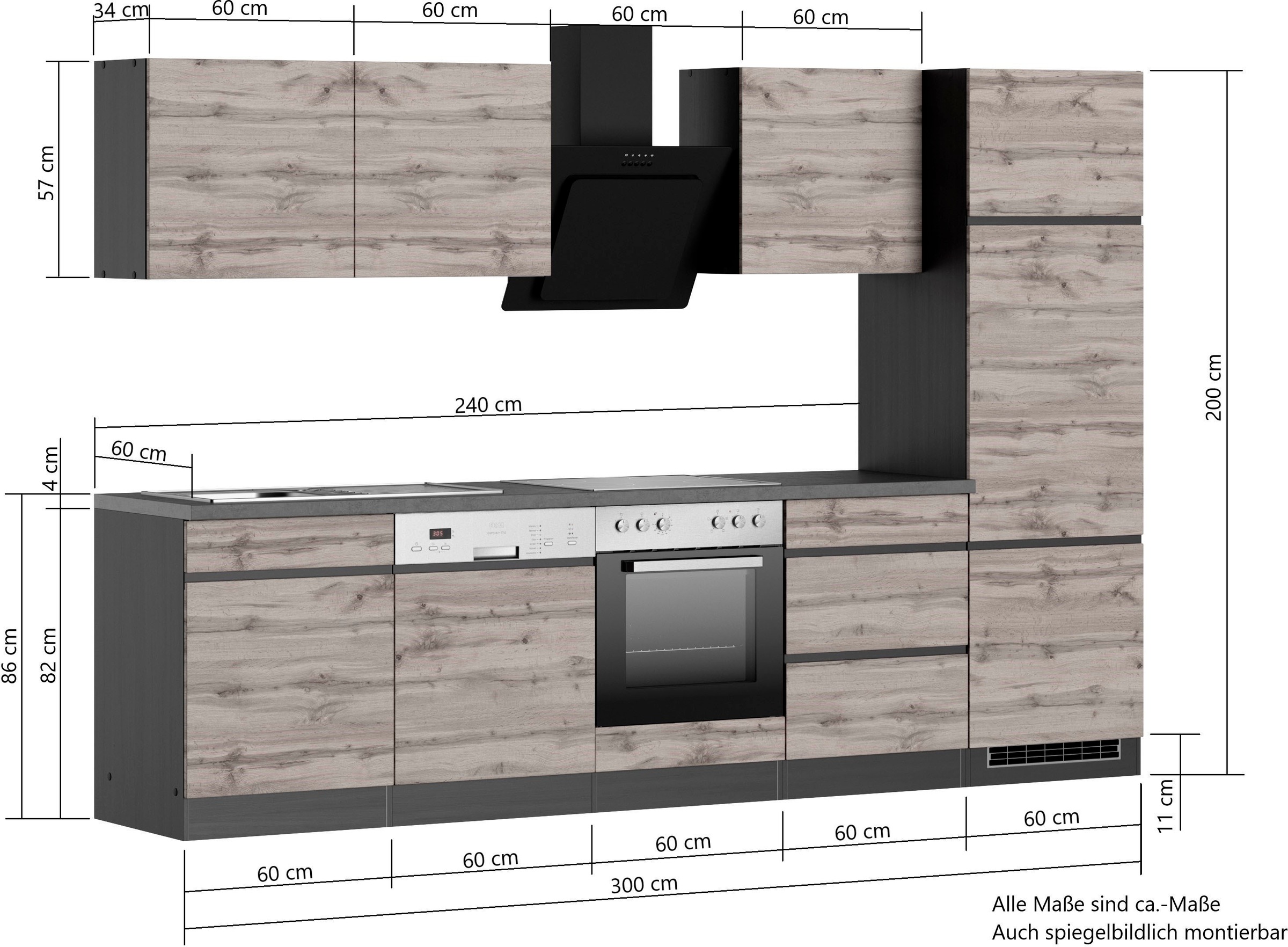 KOCHSTATION Küchenzeile »KS-Riesa« Stellbreite 300 cm, wahlweise mit oder ohne E-Geräte