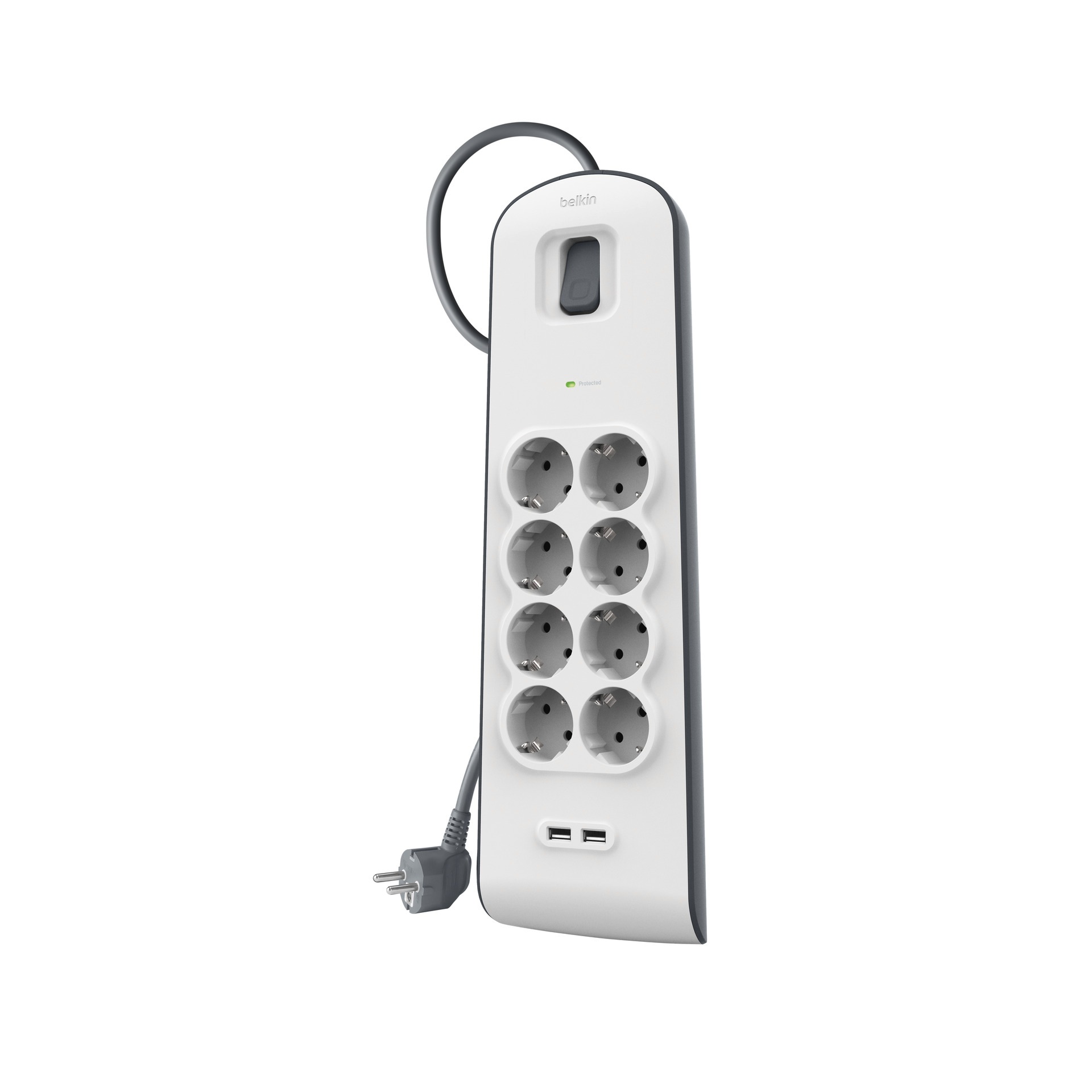 Belkin Steckdosenleiste »8fach-Steckdosenleiste mit Überspannungsschutz, 2-m-Kabel und USB-A«, 8-fach, (Ein- / Ausschalter Überspannungsschutz Kabellänge 2 m), 2 USB-Anschlüsse mit maximal 2,4 A