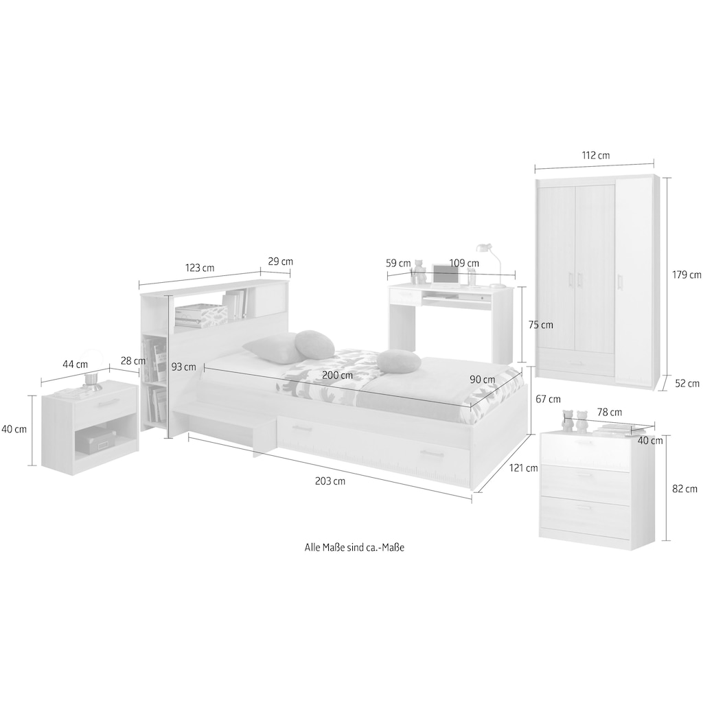 Parisot Jugendzimmer-Set »Charly«, (6 St., Bett, Anstellregal, Nachttisch, Kleiderschrank, Schreibtisch etc.)